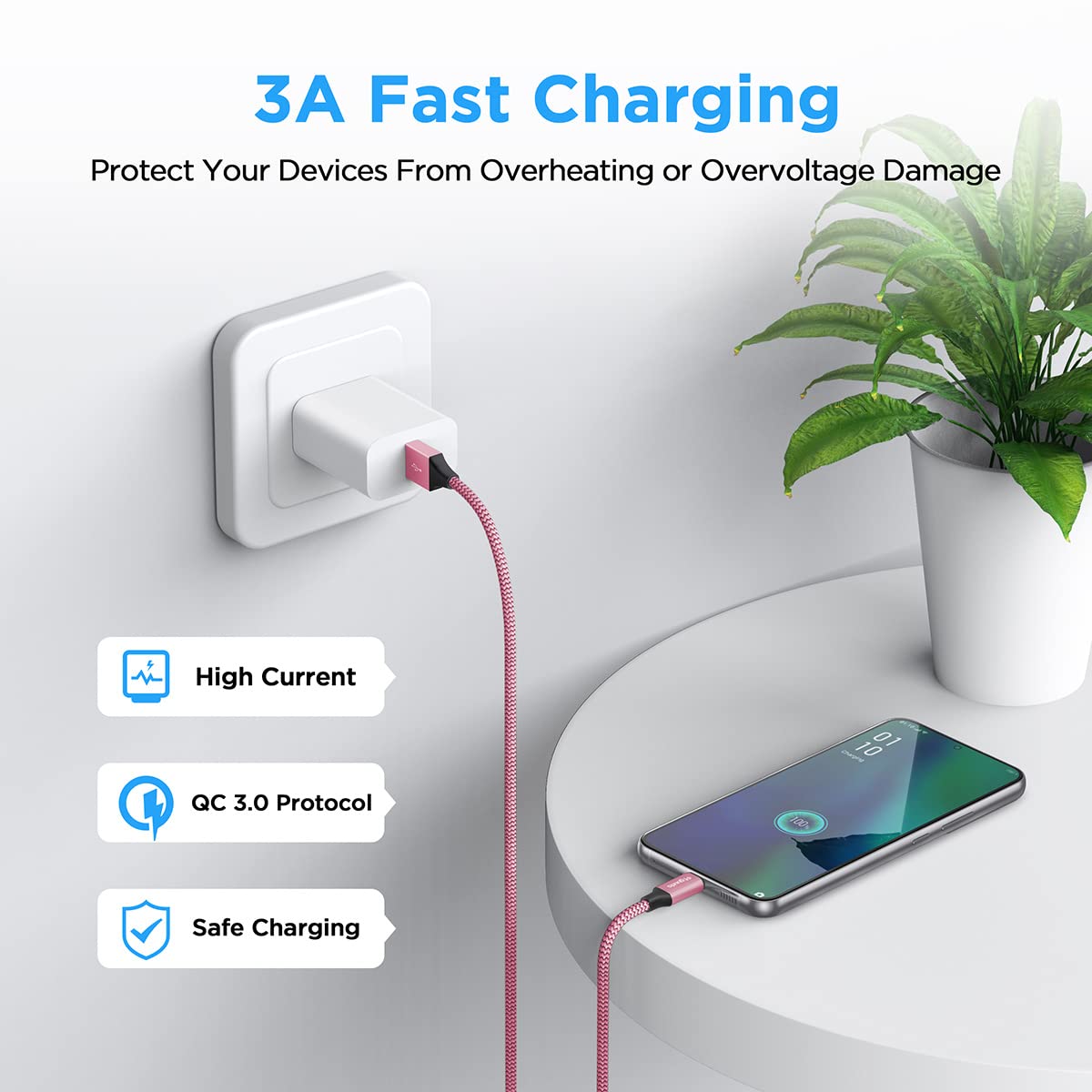 2-Pack Pink Braided USB to USB-C Fast Charging Cable [3A, 2M] - Compatible with iPhone 15 Pro, Samsung Galaxy S23/S22/S21/S20/S10/A15/A50/A55, Xiaomi, LG - Perfect for Home, Office & Travel Charging
