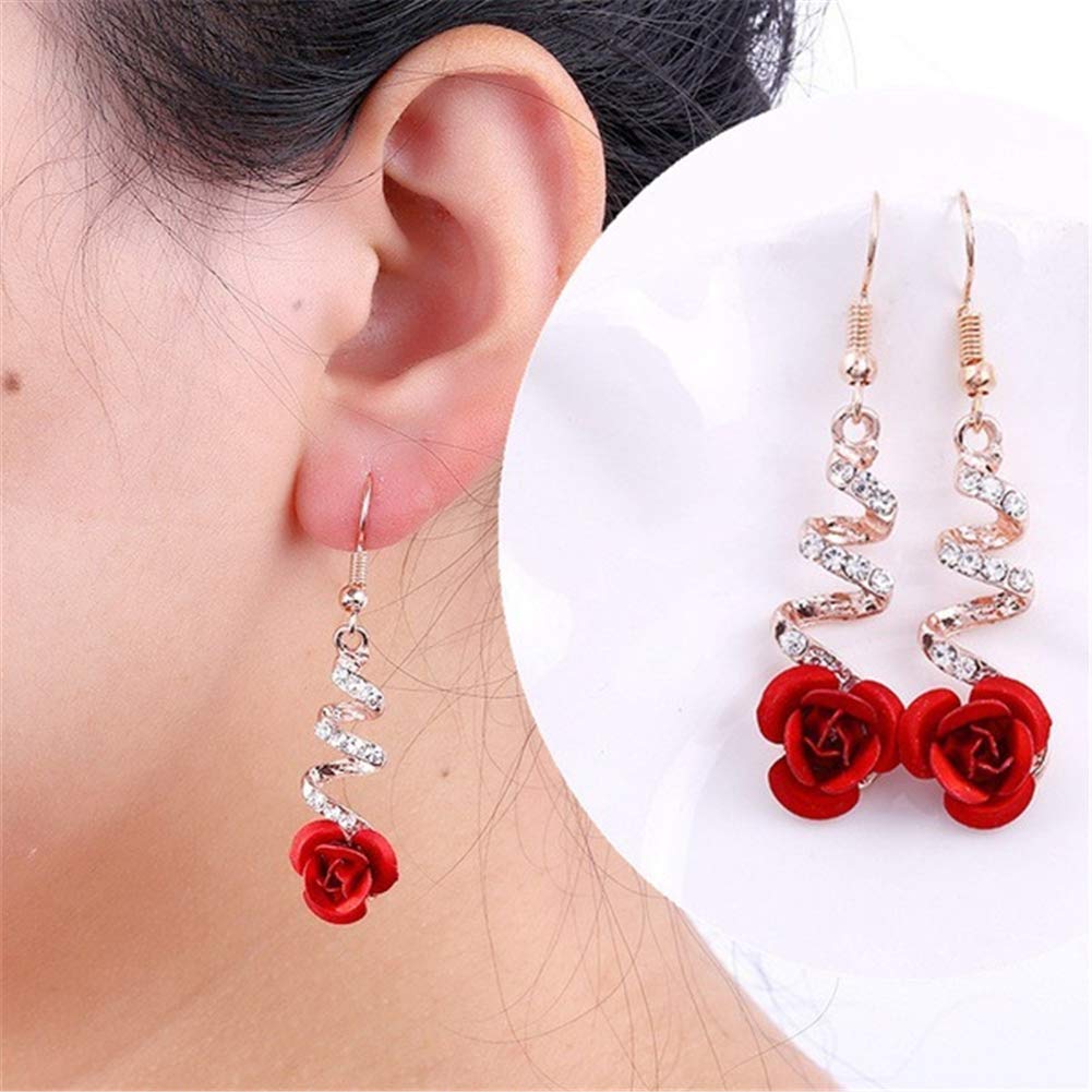 Elegant Vintage Rose Gold Spiral Dangle Earrings with Rhinestones - Romantic Red Rose Drop Earrings for Women | Perfect for Weddings, Date Nights & Special Occasions