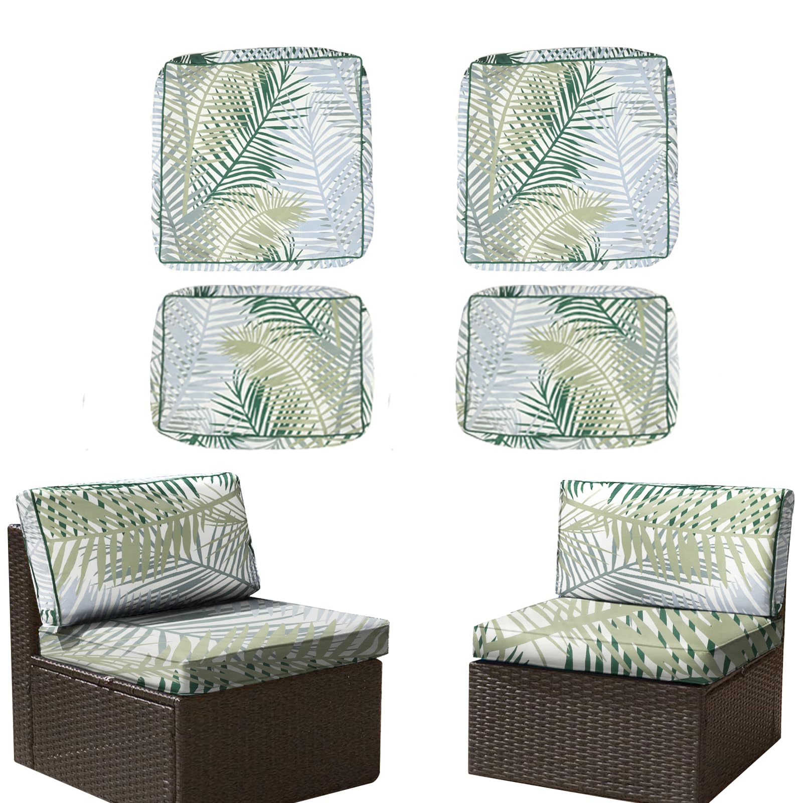 Waterproof Outdoor Patio Cushion Covers with Zipper - Replacement Slipcovers for Wicker Rattan Sectional Sofa & Chair (Set of 4, Bamboo Leaf Design) - Perfect for Backyard, Garden, Poolside and Patio Furniture Protection