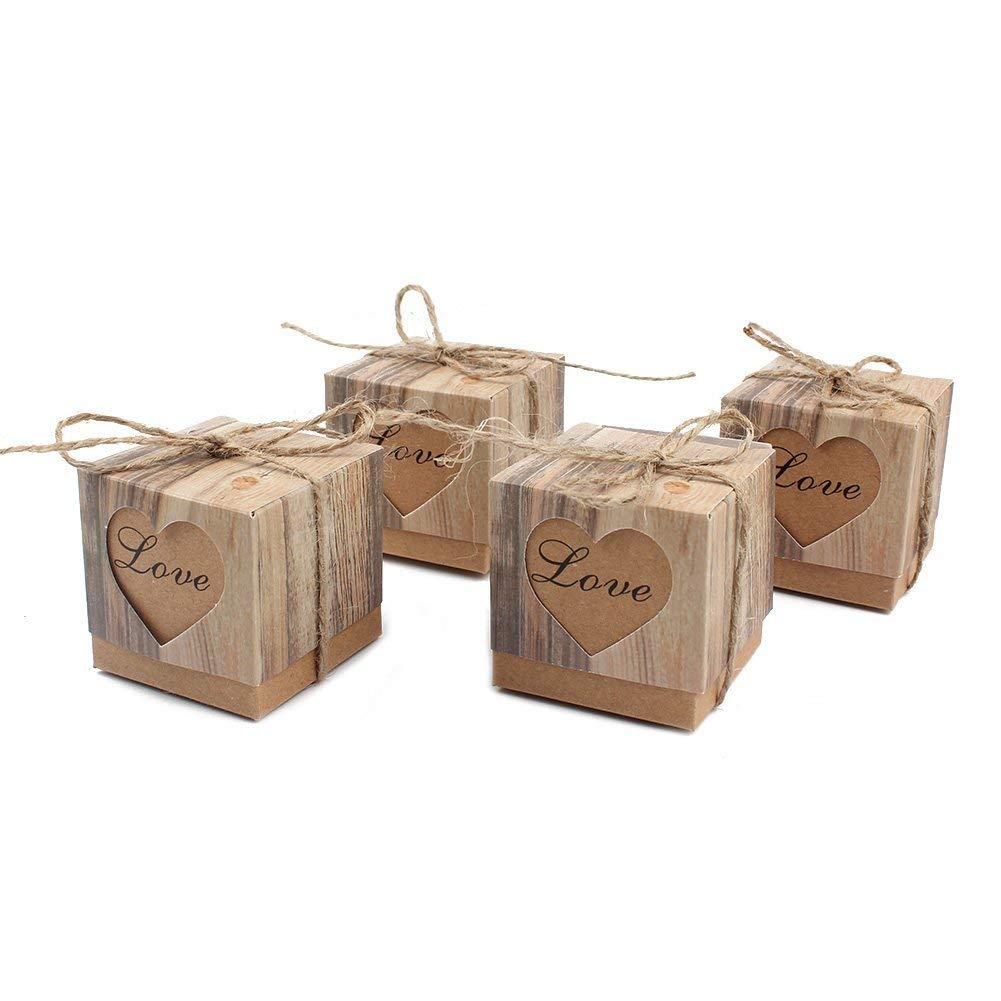 Vintage Kraft Candy Favor Boxes 50PCS with Burlap Twine - Heart Shaped Gift Bags for Wedding, Birthday Party, Baby Shower & Holiday Decorations - Perfect for DIY Crafts, Party Favors and Sweet Treat Packaging