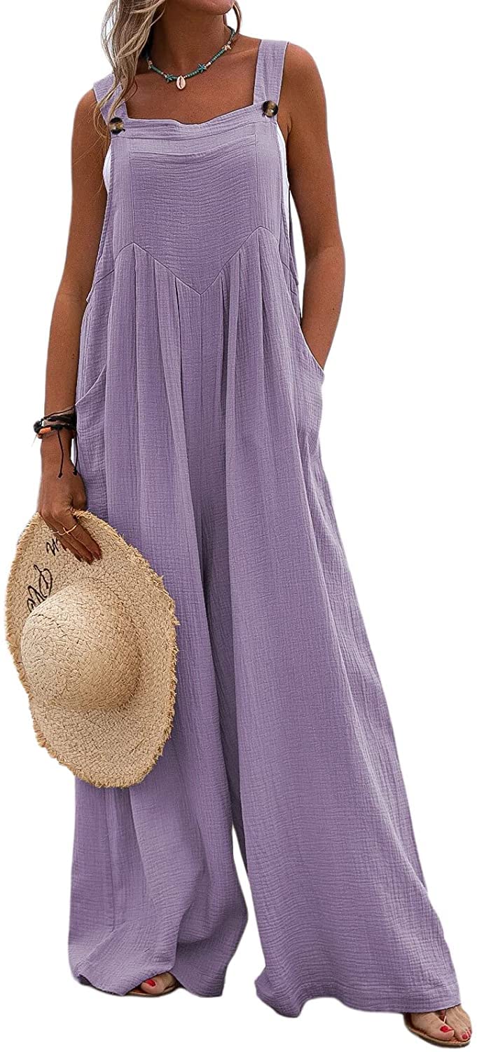 Women's Wide Leg Overalls - Sleeveless Jumpsuit with Suspenders | Loose, Comfy & Baggy Button Romper with Pockets | Perfect for Casual Outings, Summer Fashion & Boho Style