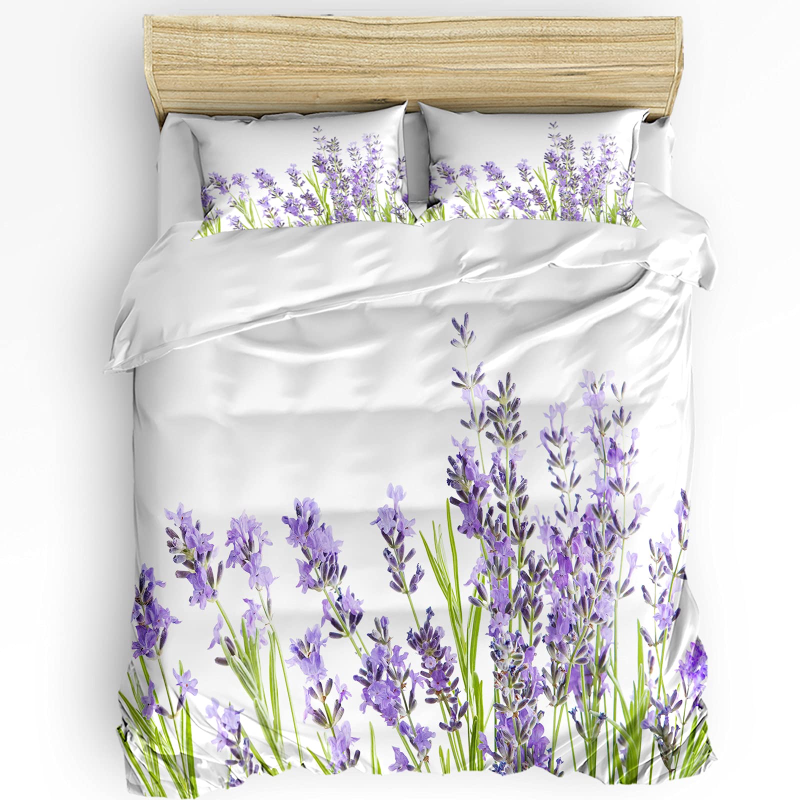 Lavender Flower Queen Duvet Cover Set - Soft Burlap Texture Purple Comforter Cover with 2 Pillowcases for Teens, Kids & Adults | Cozy Bedroom Decor for Master Bedroom, Guest Room & Dorm