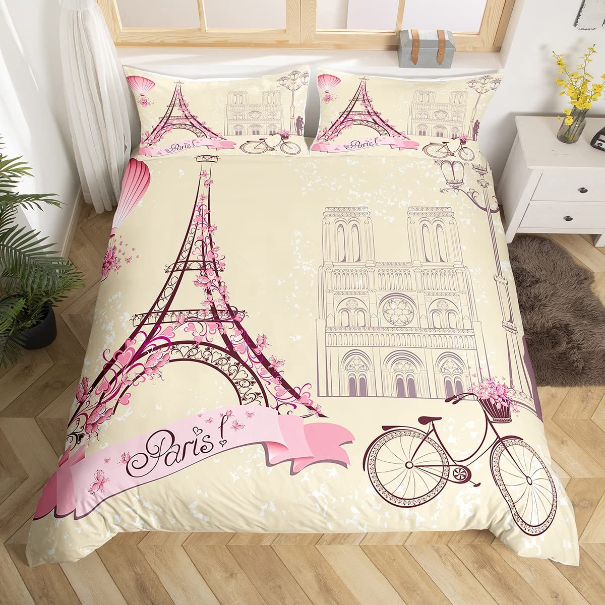 Feelyou Paris Eiffel Tower Themed Twin Duvet Cover Set - Pink Floral Cityscape Comforter Cover with Zipper Closure, Ultra Soft Bedding for Girls & Teens - Perfect for Romantic Bedroom Decor, Couples Gift or Paris-Themed Room