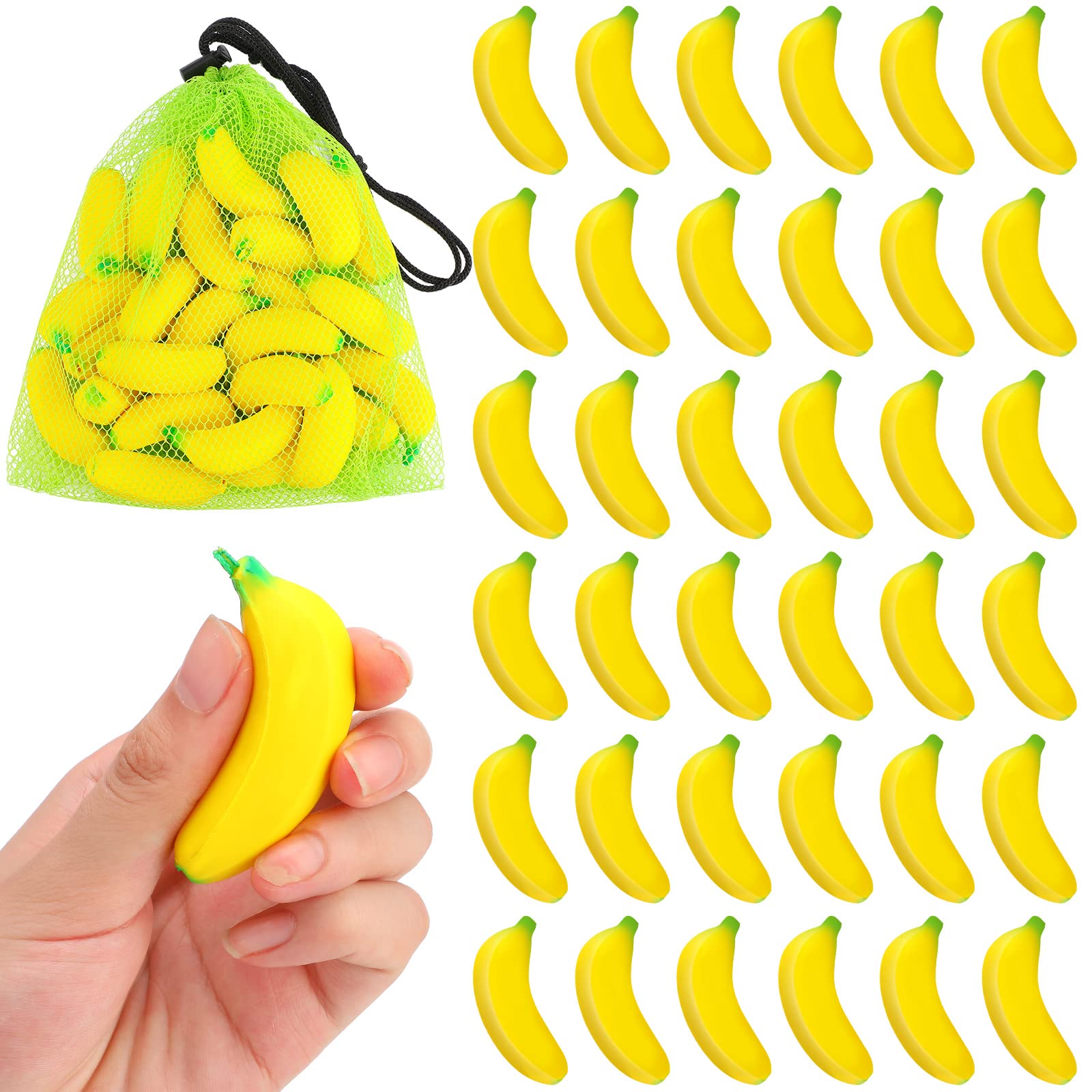 Jerify 37-Piece Mini Banana Stress Relief Toys Set with Mesh Drawstring Bag - Stretchy PU Banana Fidget Toys for Adults & Kids - Perfect for Birthday Party Favors, Office Desk Decor, Classroom Rewards and Anxiety Relief