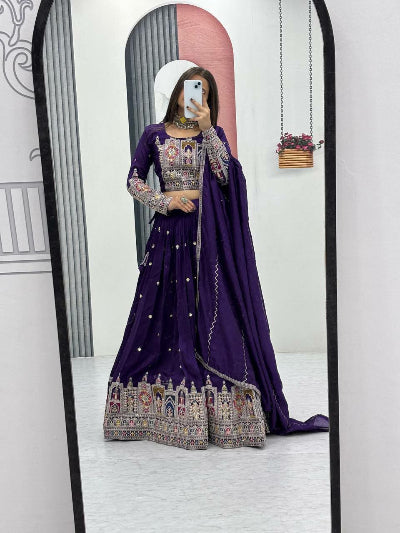 Violet Pure Vichitra Sequin Embroidered Lehenga Set for Women - Indian Bridal Party Wear, Wedding Guest Outfit, Festive Celebration Costume
