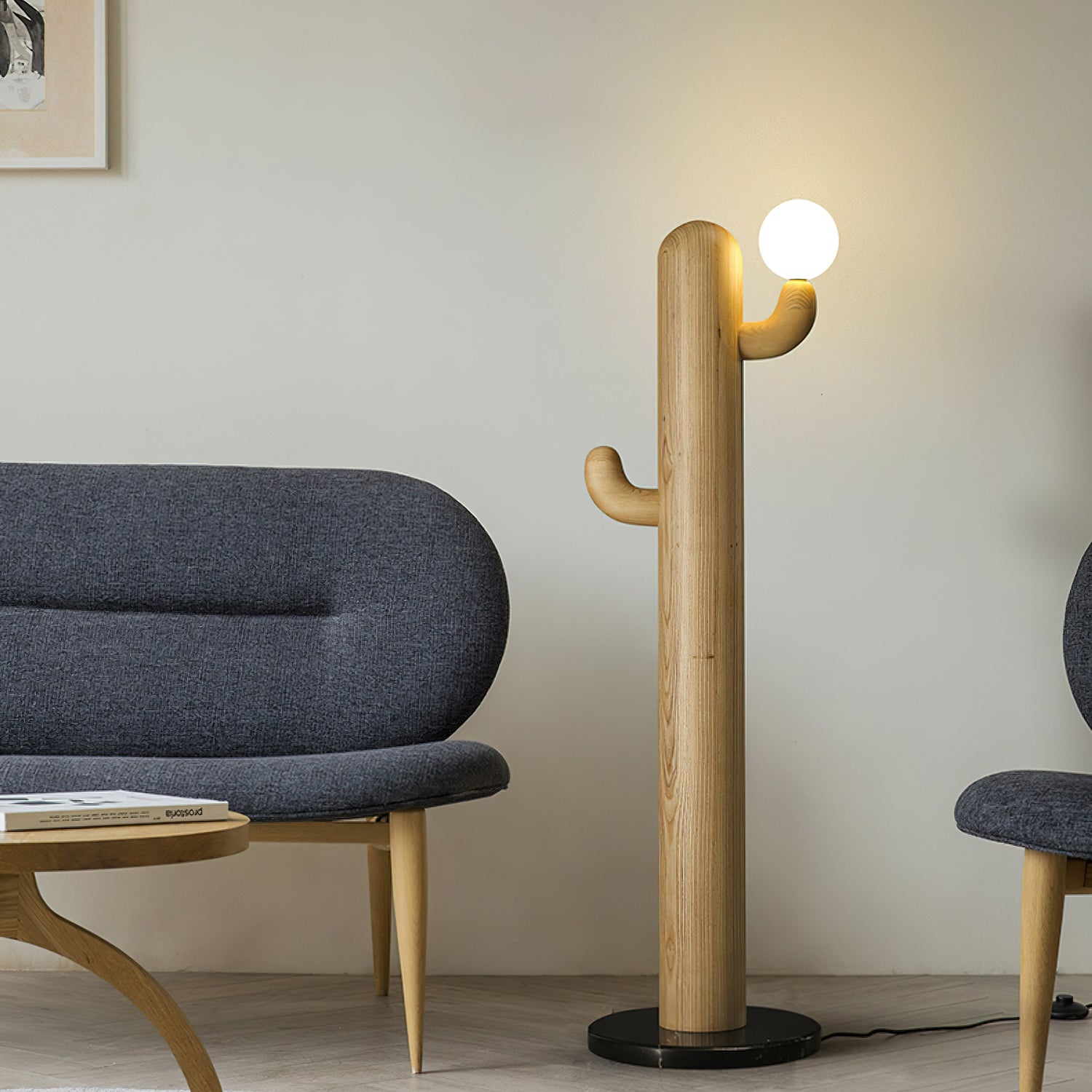 Modern Cactus Wood Floor Lamp - Handcrafted Natural Wood Standing Light for Living Room, Bedroom & Office - Warm Ambient Lighting for Home Decor