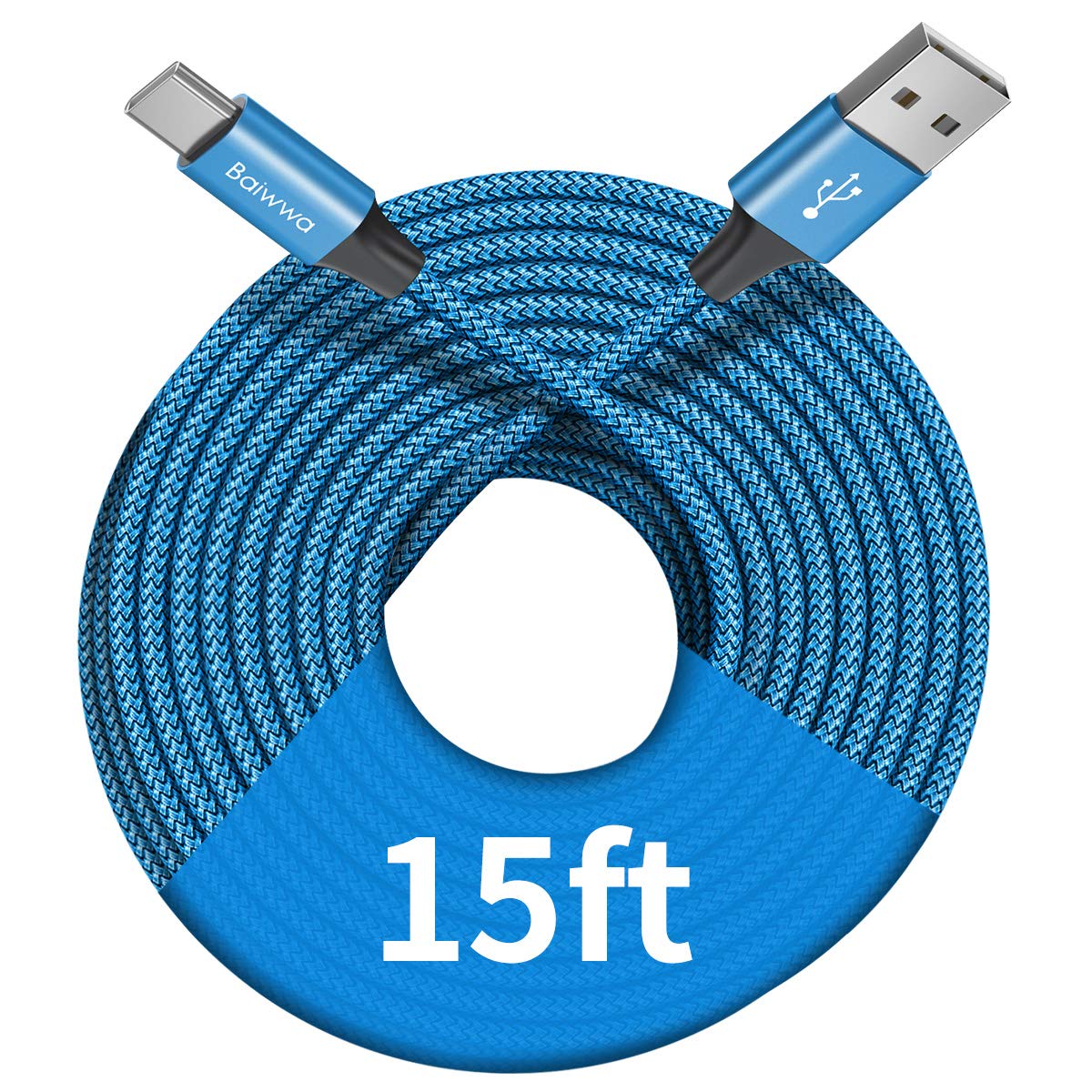 Baiwwa 15ft USB C to USB A Fast Charging Cable - Durable Nylon Braided USB Type C Charger Cord for iPhone 16/15 Series, Samsung Galaxy Note/Tab, Moto, LG, Pixel & More - Perfect for Home, Office & Travel Charging