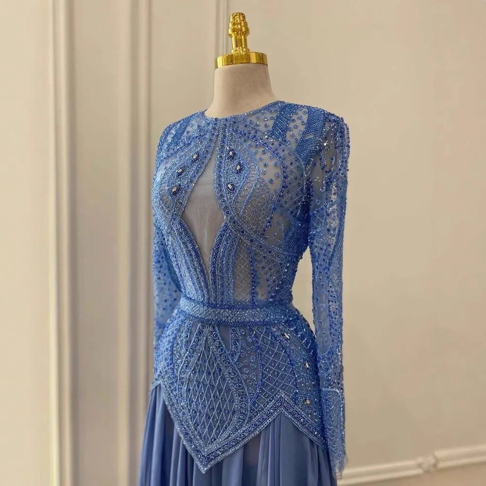 Luxury Designer Blue Beaded Evening Gown with Long Sleeves - Elegant Formal Dress for Prom, Wedding & Gala Events - LA72962
