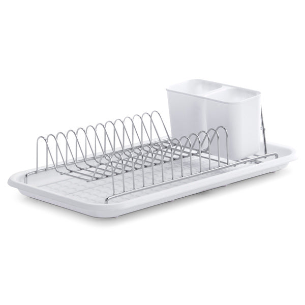 Stainless Steel & Plastic Dish Drainer Rack - White Kitchen Countertop Drying Rack for Plates, Cups & Utensils - Perfect for Small Spaces & Compact Kitchens