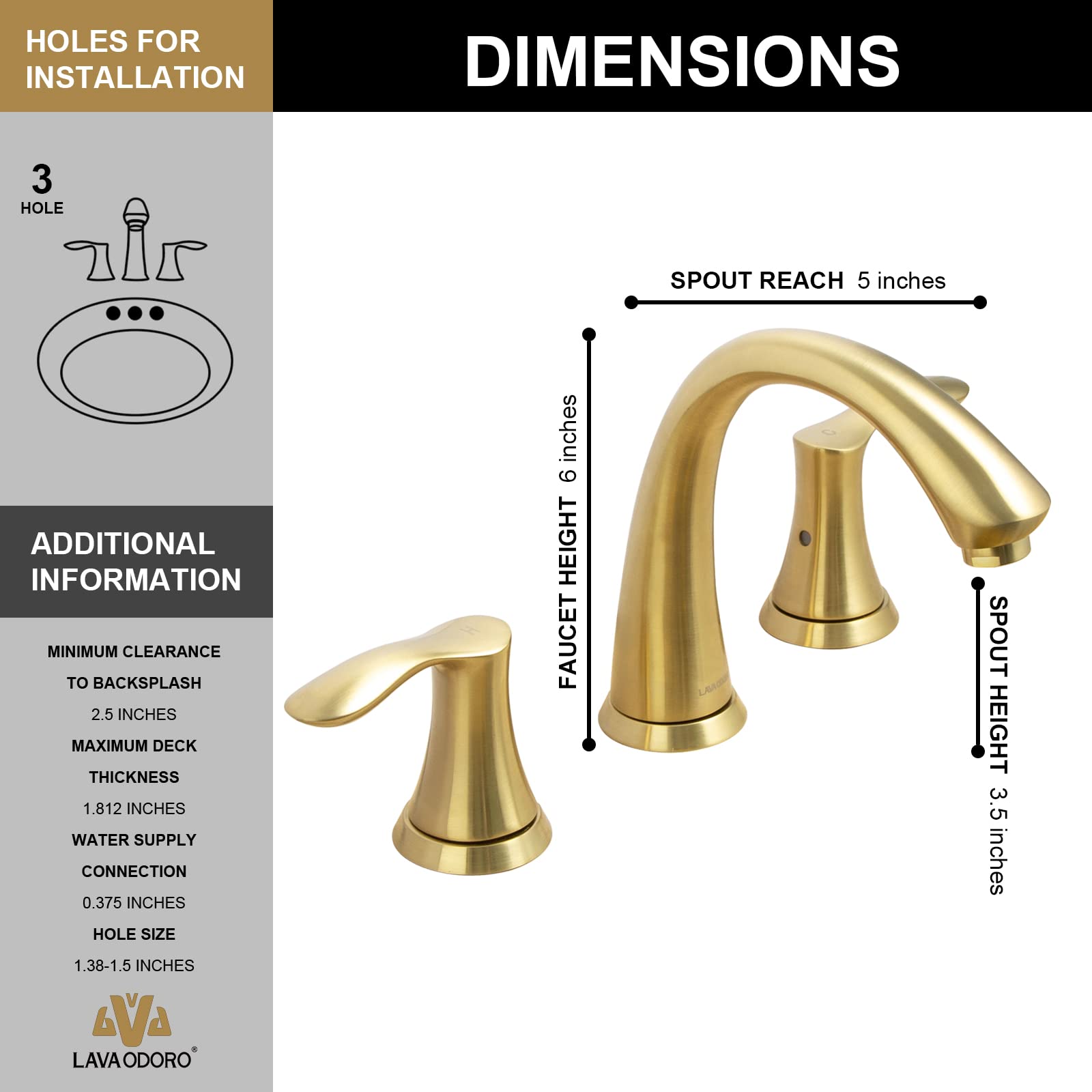 Lava Odoro Valenvoir Brushed Gold 8 Inch Widespread Bathroom Faucet - 3 Hole 2 Handle Vanity Sink Faucet with Drain Assembly & Supply Lines (BF405-SG) for Modern Bathroom Renovation & Home Upgrade