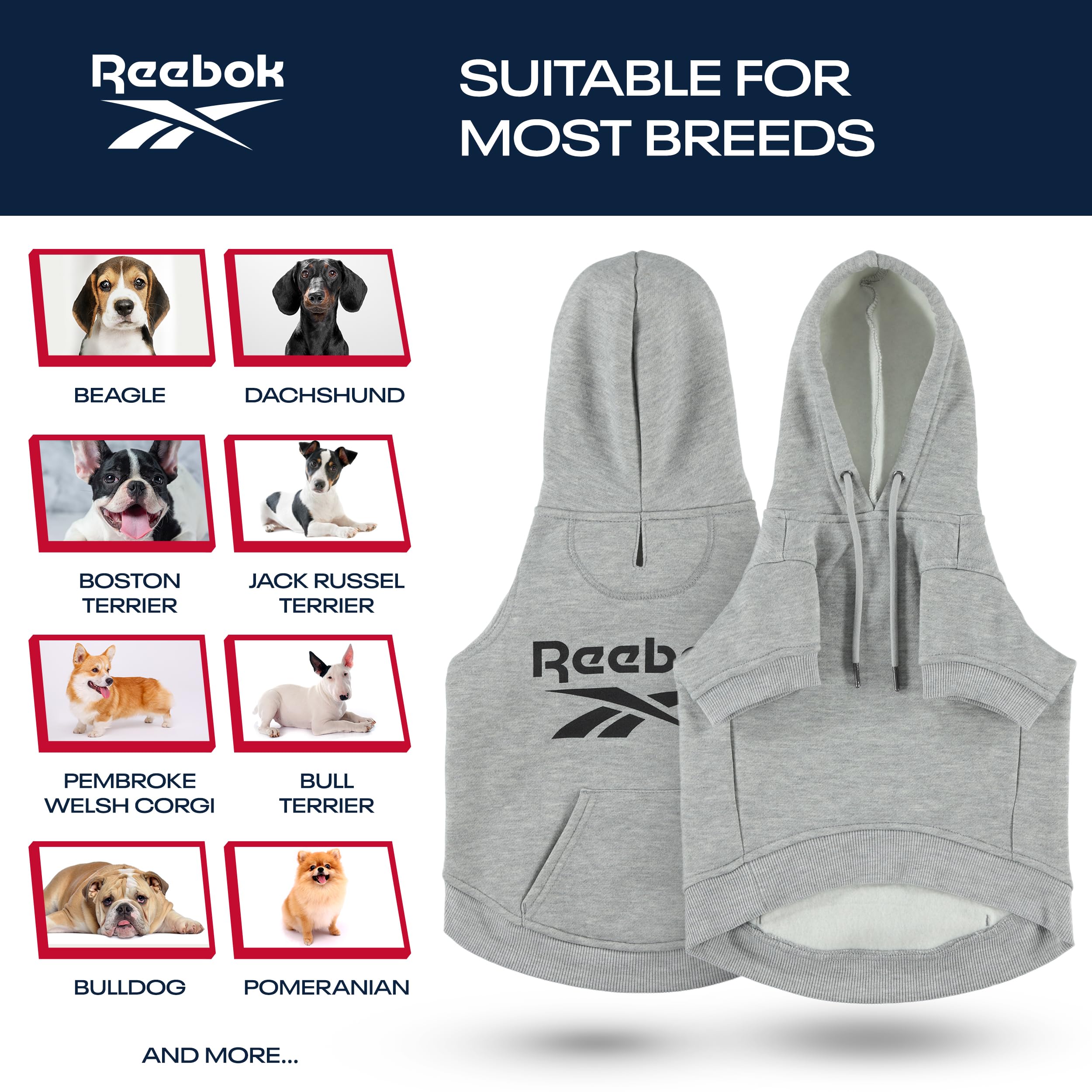 Reebok Fleece Dog Hoodie with Leash Hole - Warm Winter Dog Sweater for Small, Medium & Large Dogs | Premium Pullover Hooded Sweater for Fall & Winter | Cozy Christmas Outfit for Pets | Perfect for Outdoor Walks & Indoor Lounging