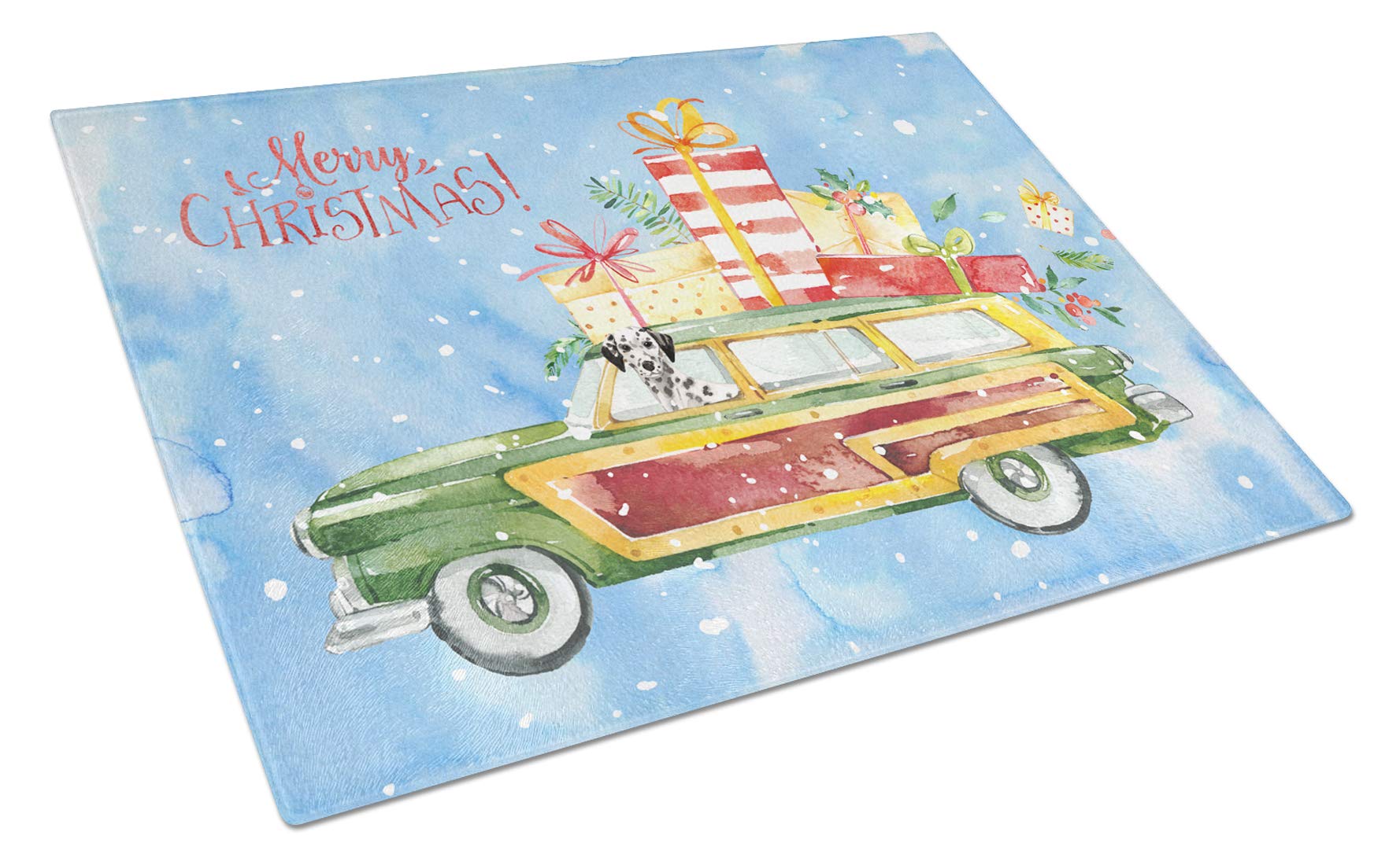 Merry Christmas Dalmatian Glass Cutting Board - Large Tempered Glass Kitchen Cutting & Serving Board - Holiday Decorative Chopping Board for Christmas Parties & Gift Giving