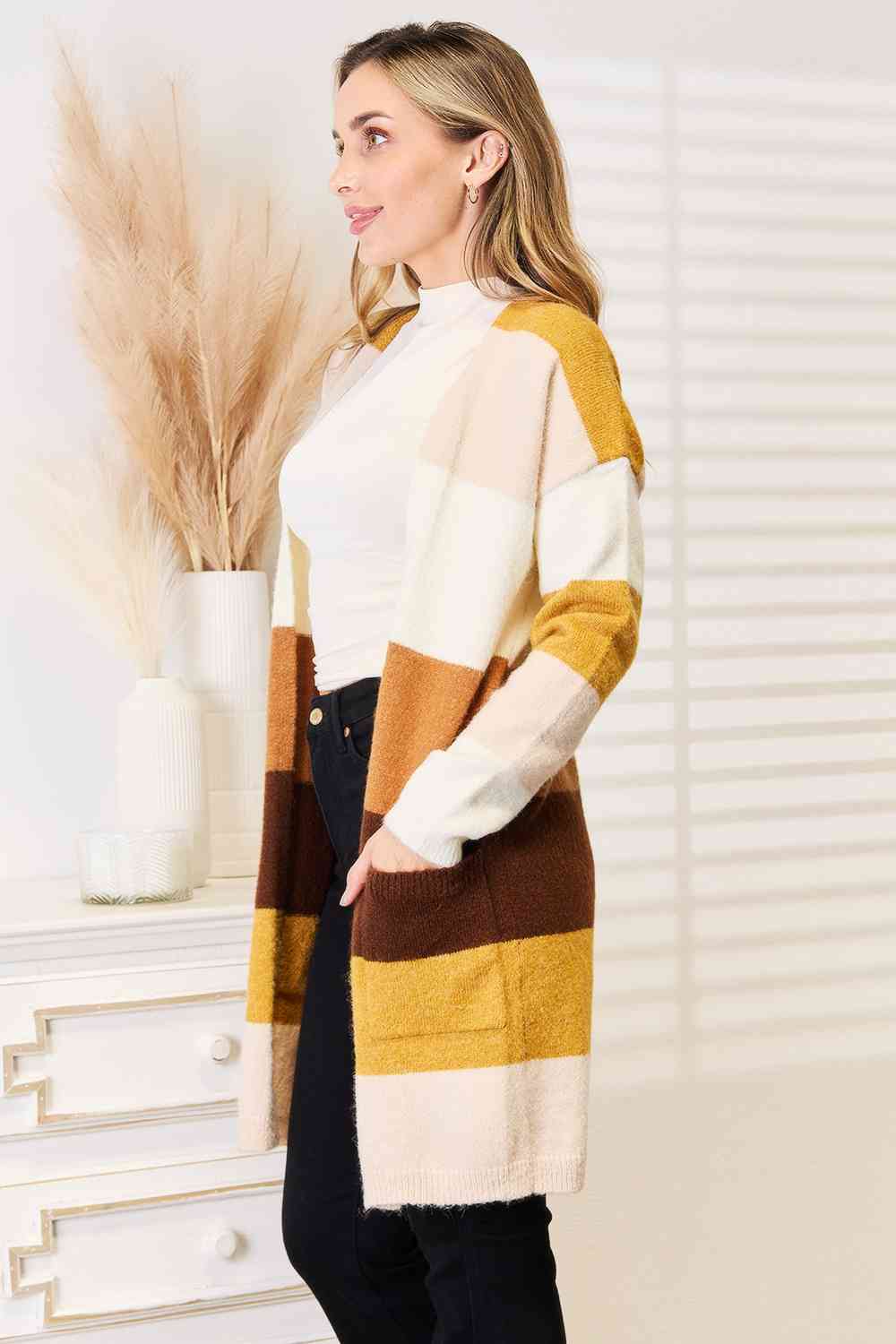 Stylish Color Block Dropped Shoulder Cardigan Sweater - Brown & Tan Fall Fashion | Cozy Layering for Autumn & Winter Outfits