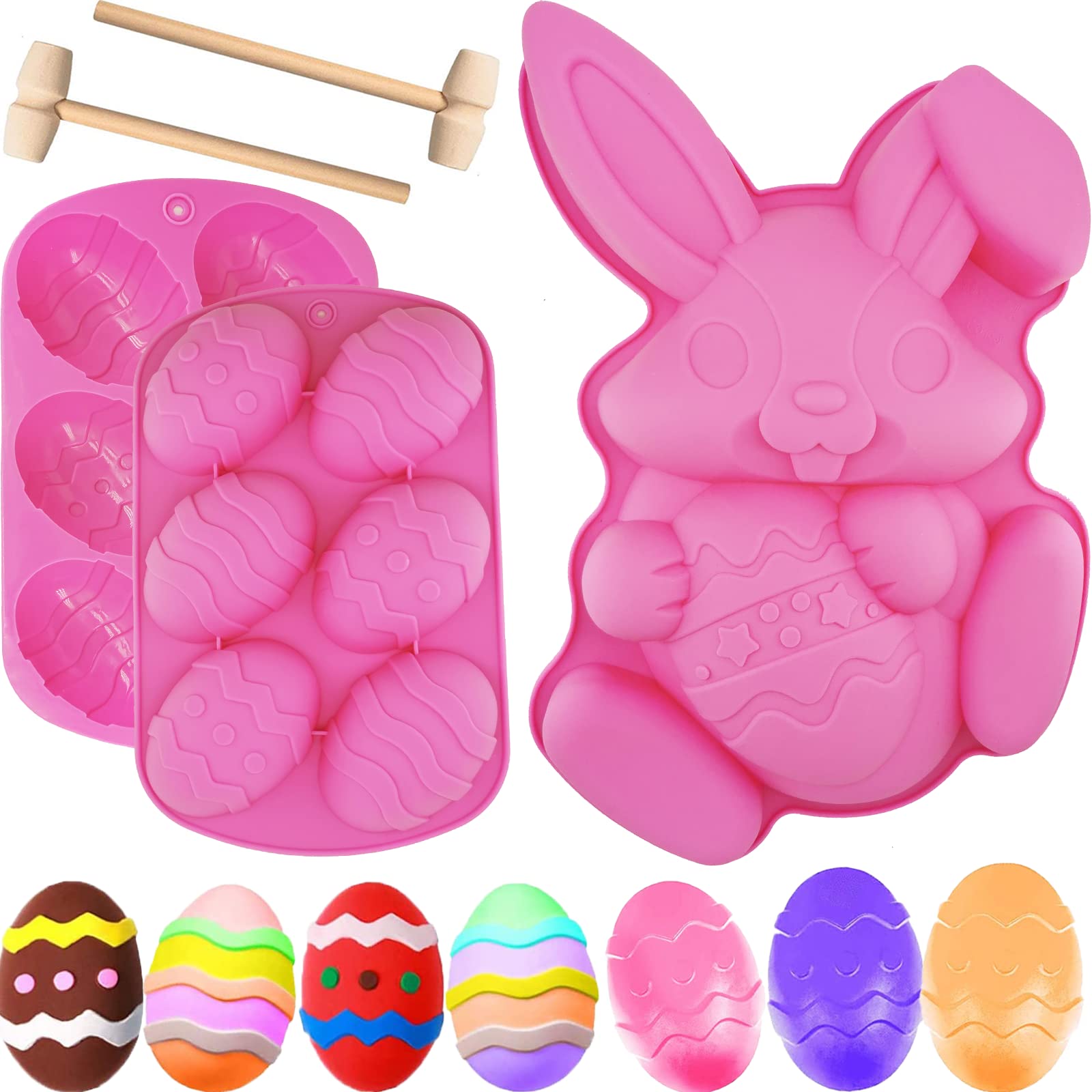 3Pcs Large Bunny Silicone Mold Set - 3D Rabbit Easter Egg Cake Chocolate Candy Jello Cocoa Bombs Baking Molds with 2 Wooden Hammers - Perfect for Easter Decorations, DIY Desserts & Holiday Baking