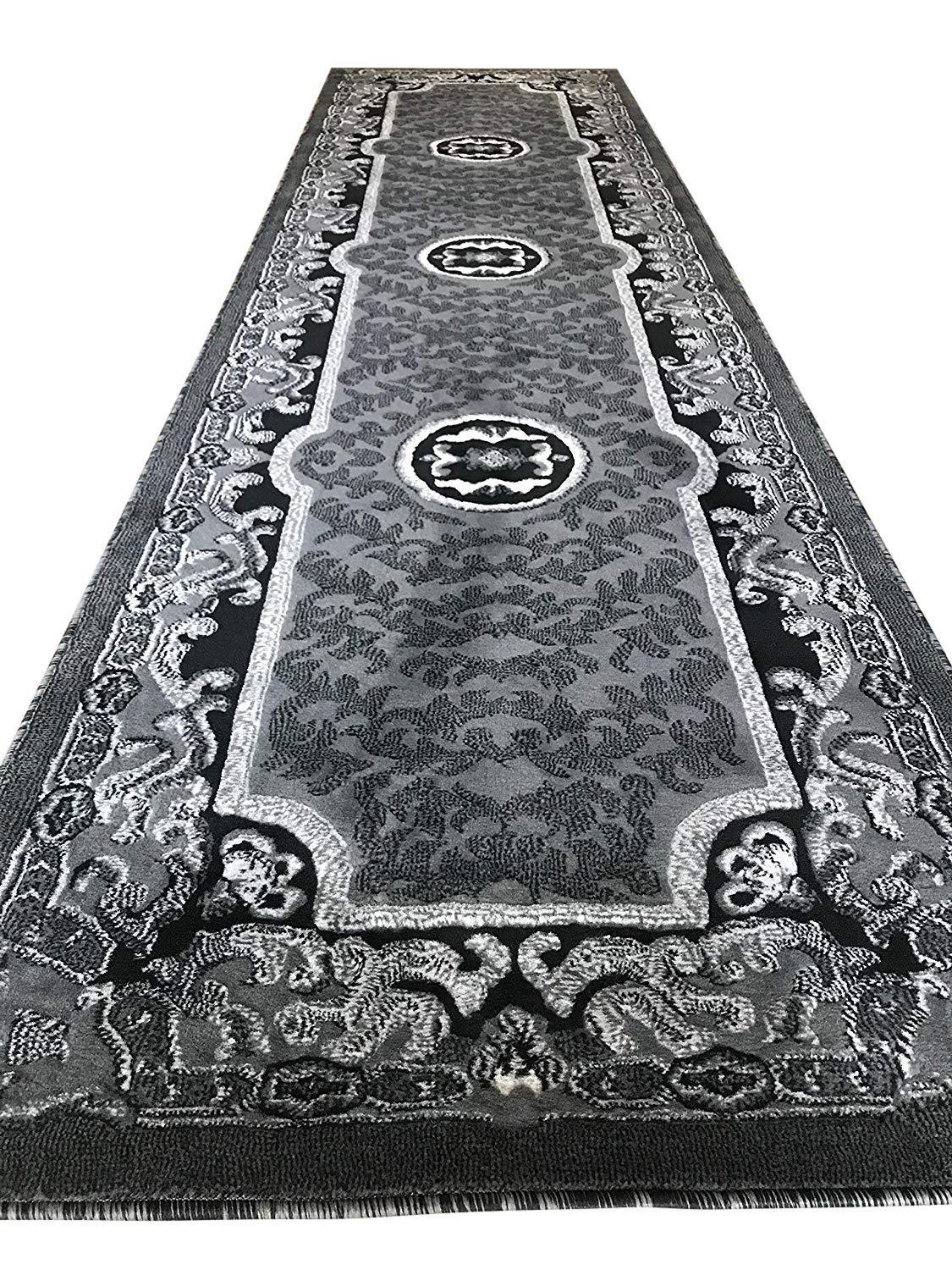 Traditional Runner Rug - Grey Black Silver Americana Design - 32