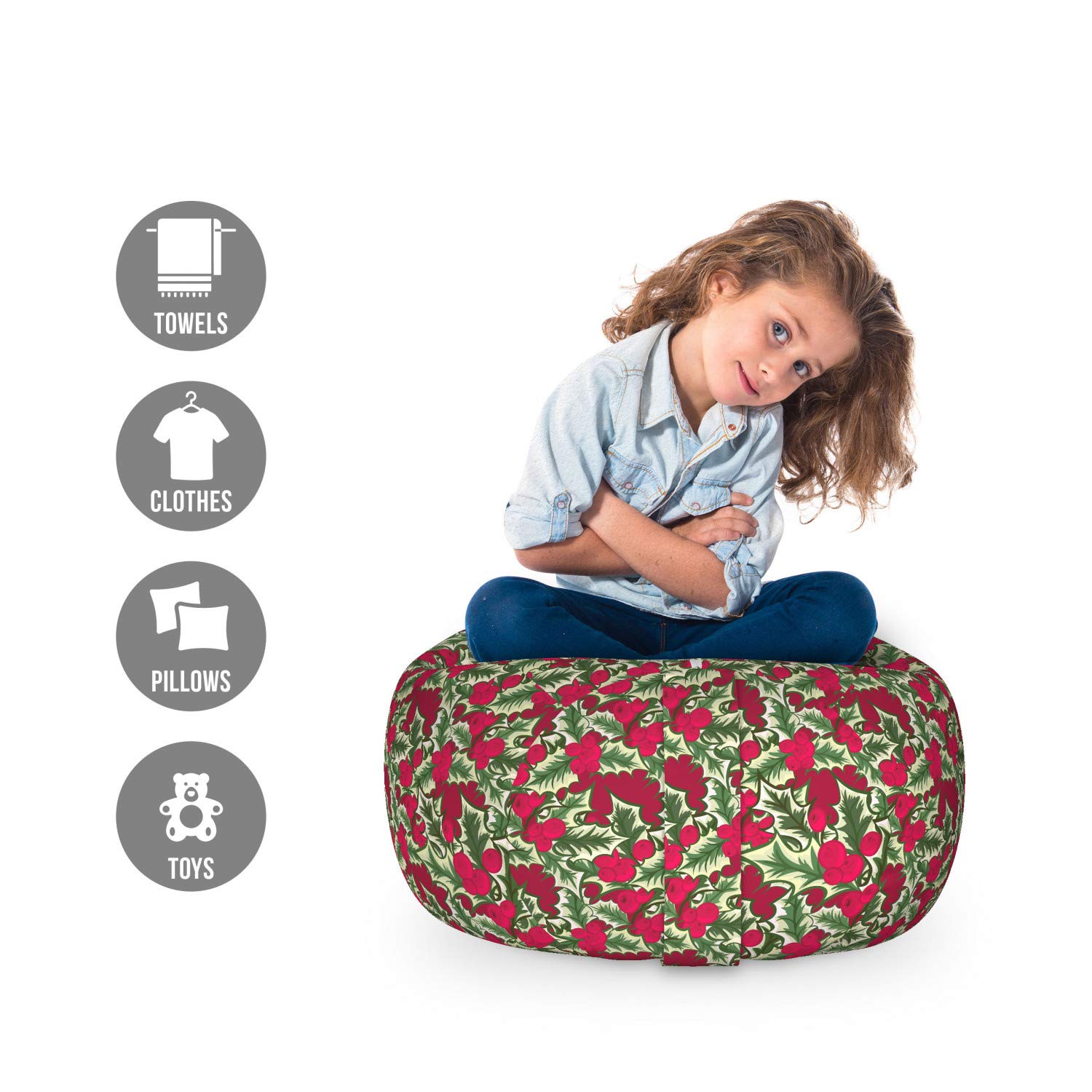 Ambesonne Floral Storage Toy Bag Chair - Christmas Flower Berry Branches Pattern Stuffed Animal Organizer, Washable Small Size in Vermilion Green | Kids Room Decor, Playroom Storage, Holiday Gift Idea
