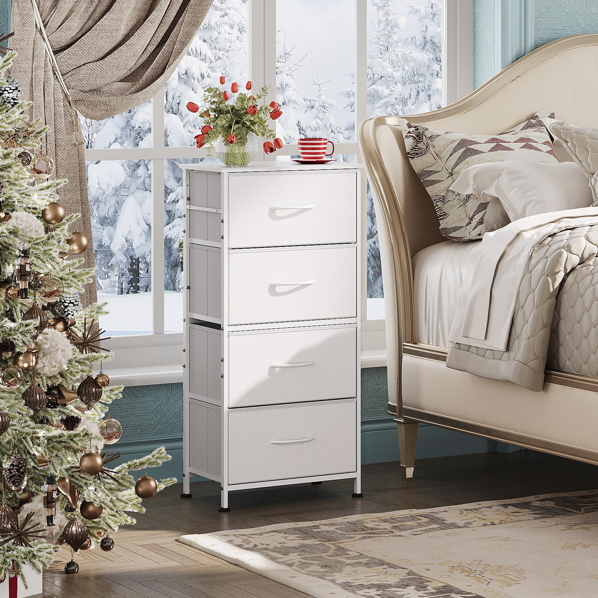 WLIVE 4-Drawer Fabric Dresser with Sturdy Steel Frame & Wood Top - Storage Tower Organizer for Bedroom, Hallway, Entryway & Closet - Easy Pull Handle, White | Perfect for Small Space Organization & Home Decor