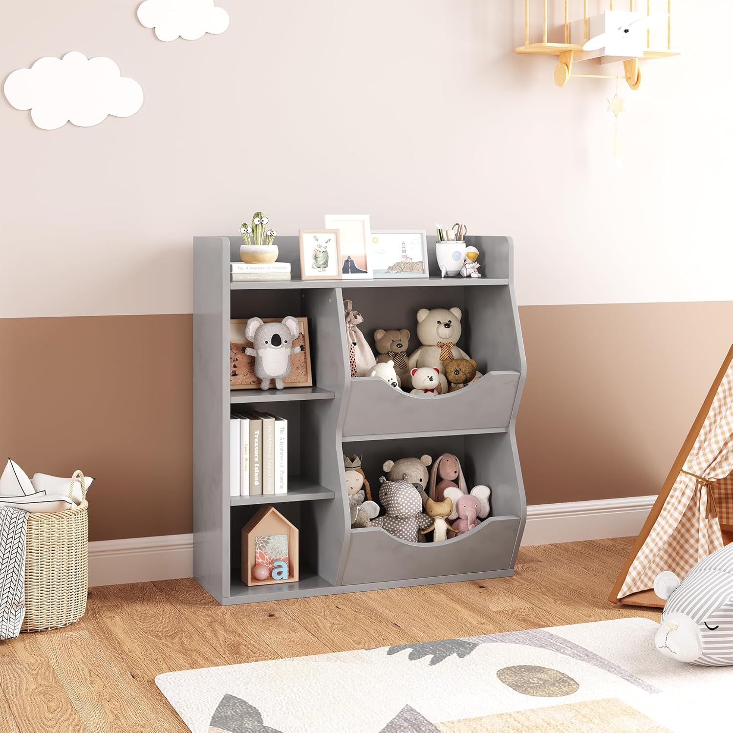 Kids 3-Tier Toy Storage Organizer & Bookshelf - Double-Sided Gray Toy Shelf with 5 Compartments for Bedroom, Nursery & Playroom - Perfect for Organizing Toys, Books & School Supplies