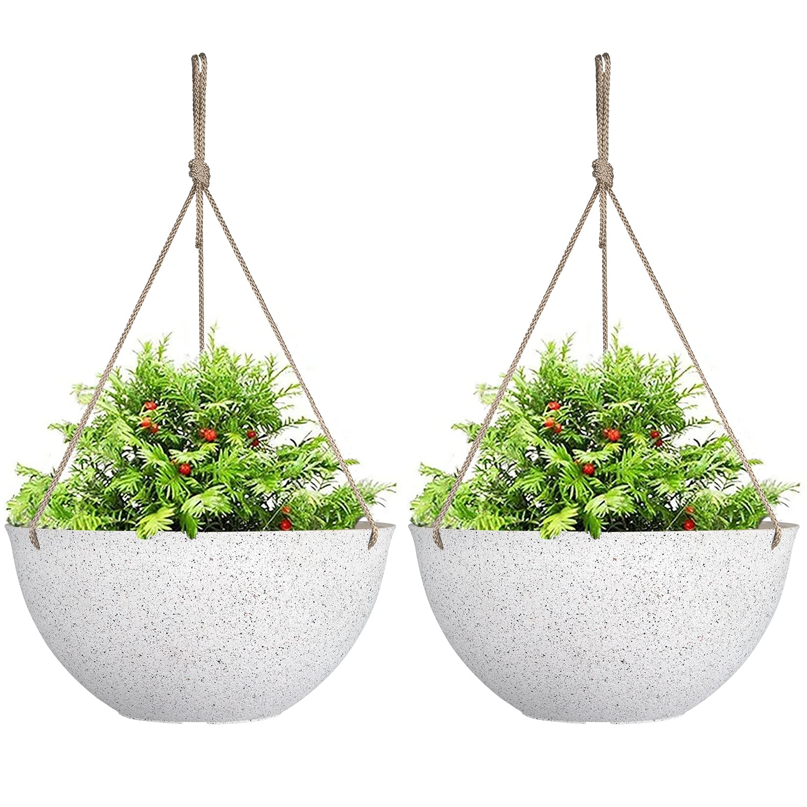 LA JOLIE MUSE 13 Inch Large Hanging Planters for Outdoor Plants - Set of 2 Speckled White Flower Pots for Patio, Garden & Balcony Decor