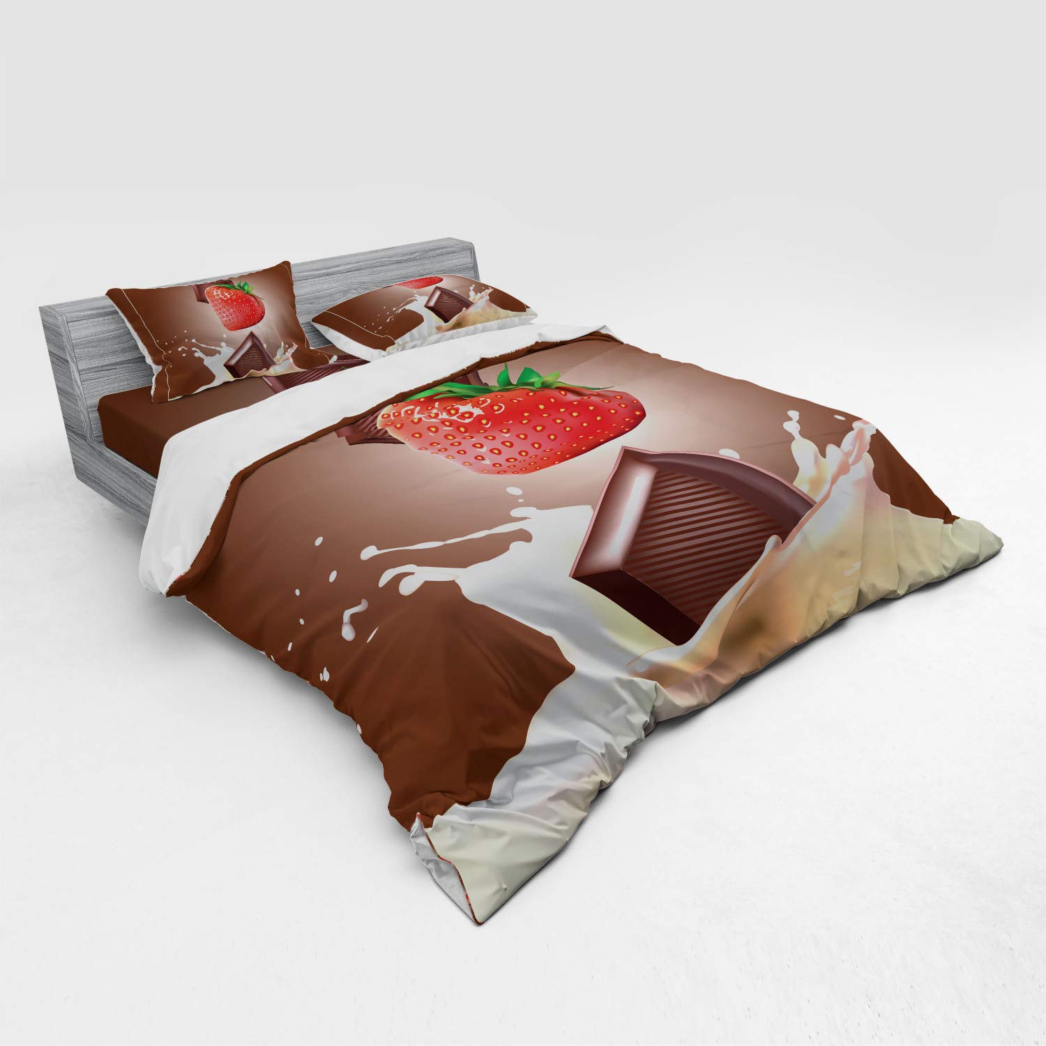 Ambesonne Fruit Duvet Cover Set - Strawberries Chocolate Milk Design on Brown Ombre Background | 4-Piece King Size Bedding Set with Shams & Fitted Sheet | Perfect for Master Bedroom, Guest Room & Dorm Decor