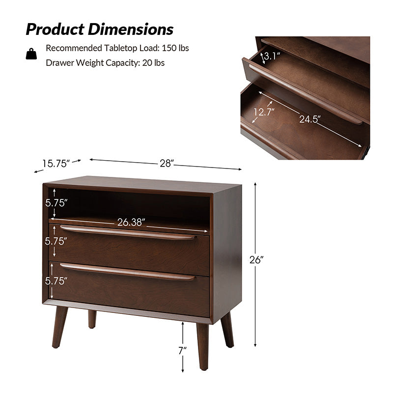 Mid Century Modern Nightstand with 2 Drawers & Built-in USB Outlets - Stylish Bedside Table for Bedroom, Living Room, or Office