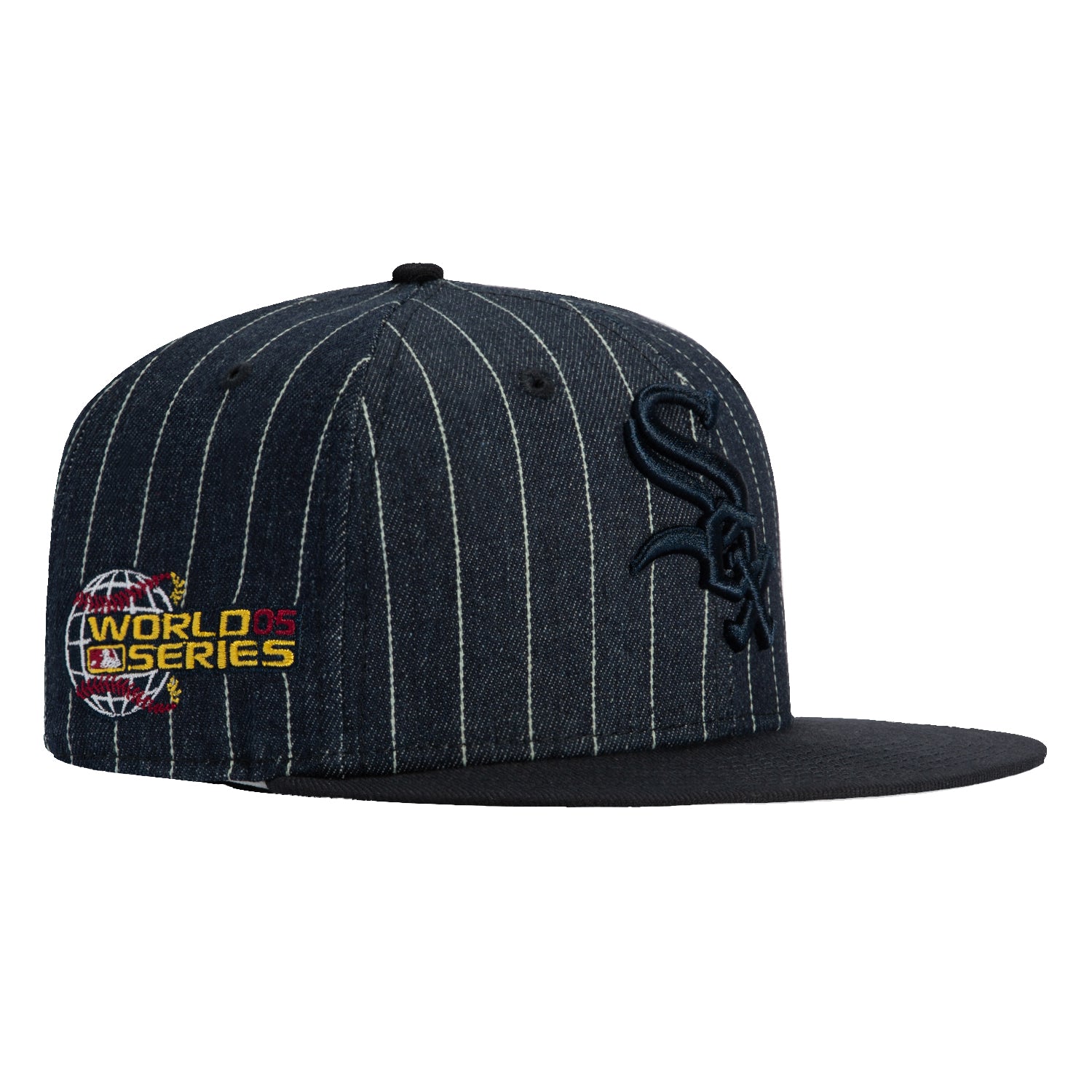 New Era 59Fifty Denim Pinstripe Chicago White Sox 2005 World Series Patch Baseball Cap - Navy Blue MLB Snapback Hat for Men, Perfect for Games, Collecting & Streetwear Fashion