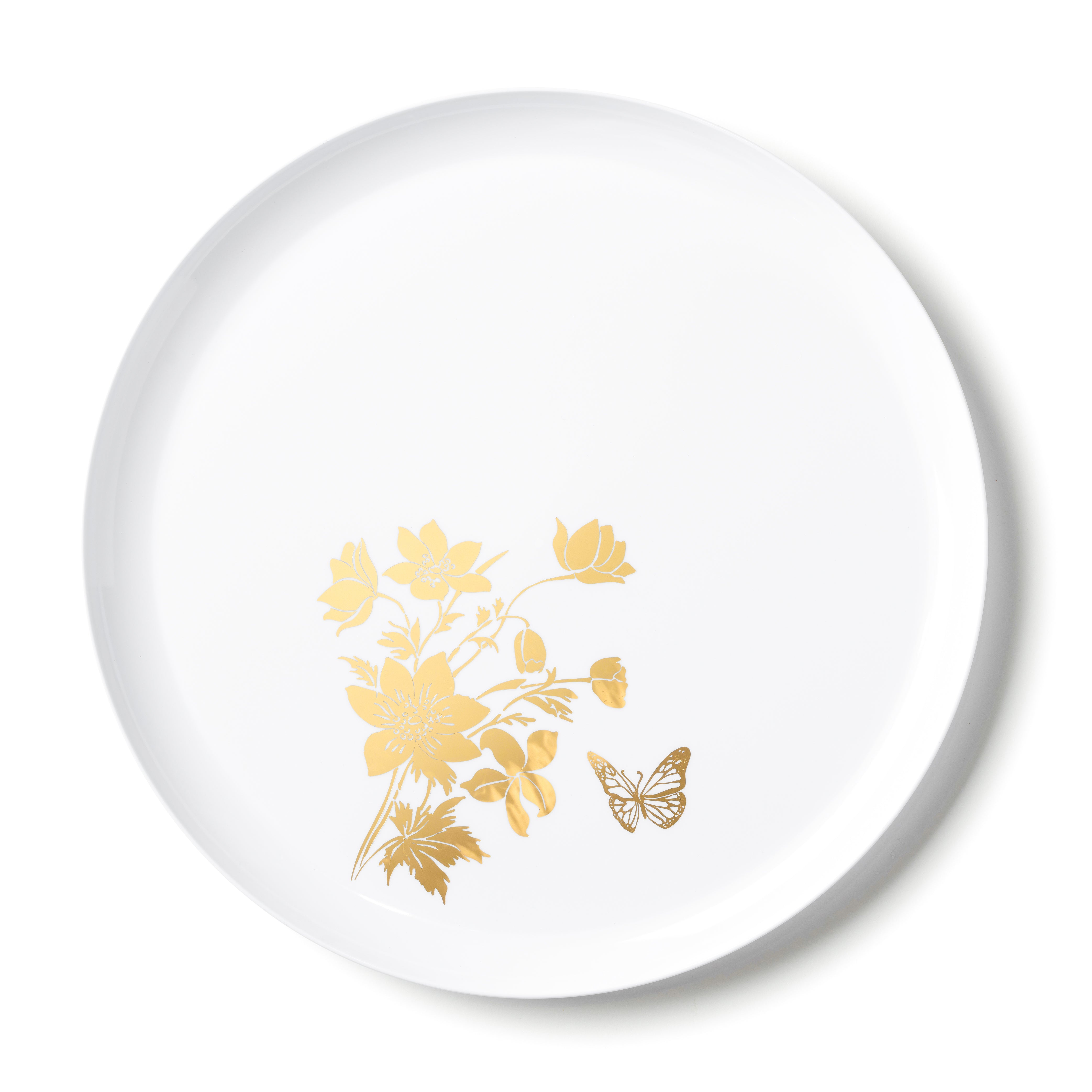 Elegant White and Gold Round Plastic Plates - Durable Disposable Dinnerware for Parties, Picnics, and Outdoor Events | Perfect for Garden Edge Decorations and Elegant Gatherings