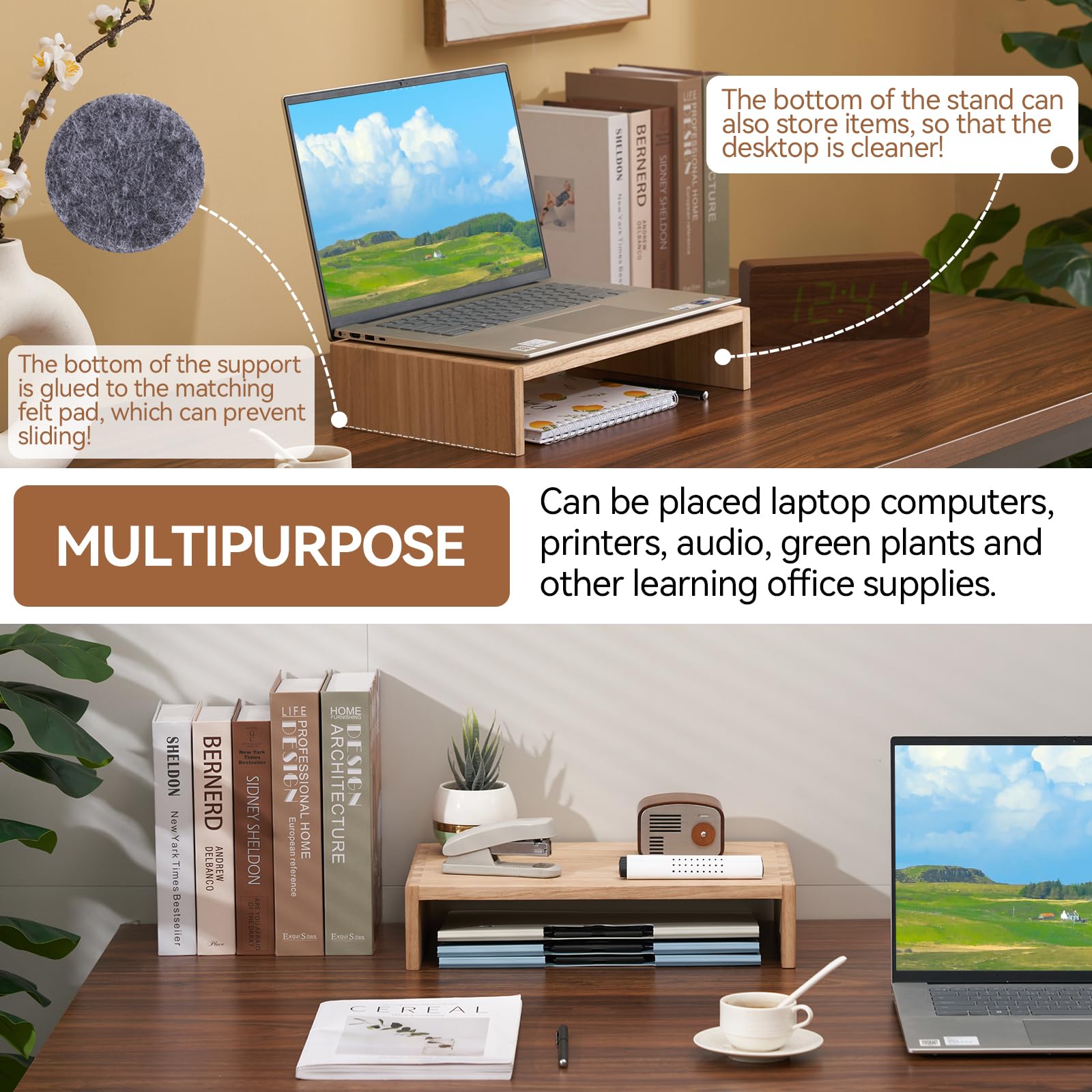 Premium Wooden Monitor Stand - Adjustable Desk Riser for Computer, Laptop & TV - Ergonomic Workspace Organizer with Storage Space - Natural Wood Finish (39
