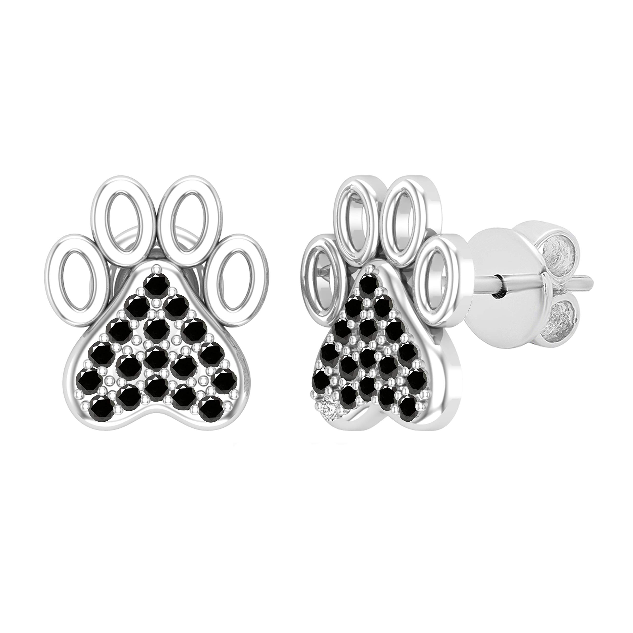 Dazzlingrock 18K Solid Gold Round Black Diamond Paw Print Stud Earrings for Women - Perfect for Casual Wear, Gifts & Pet Lovers