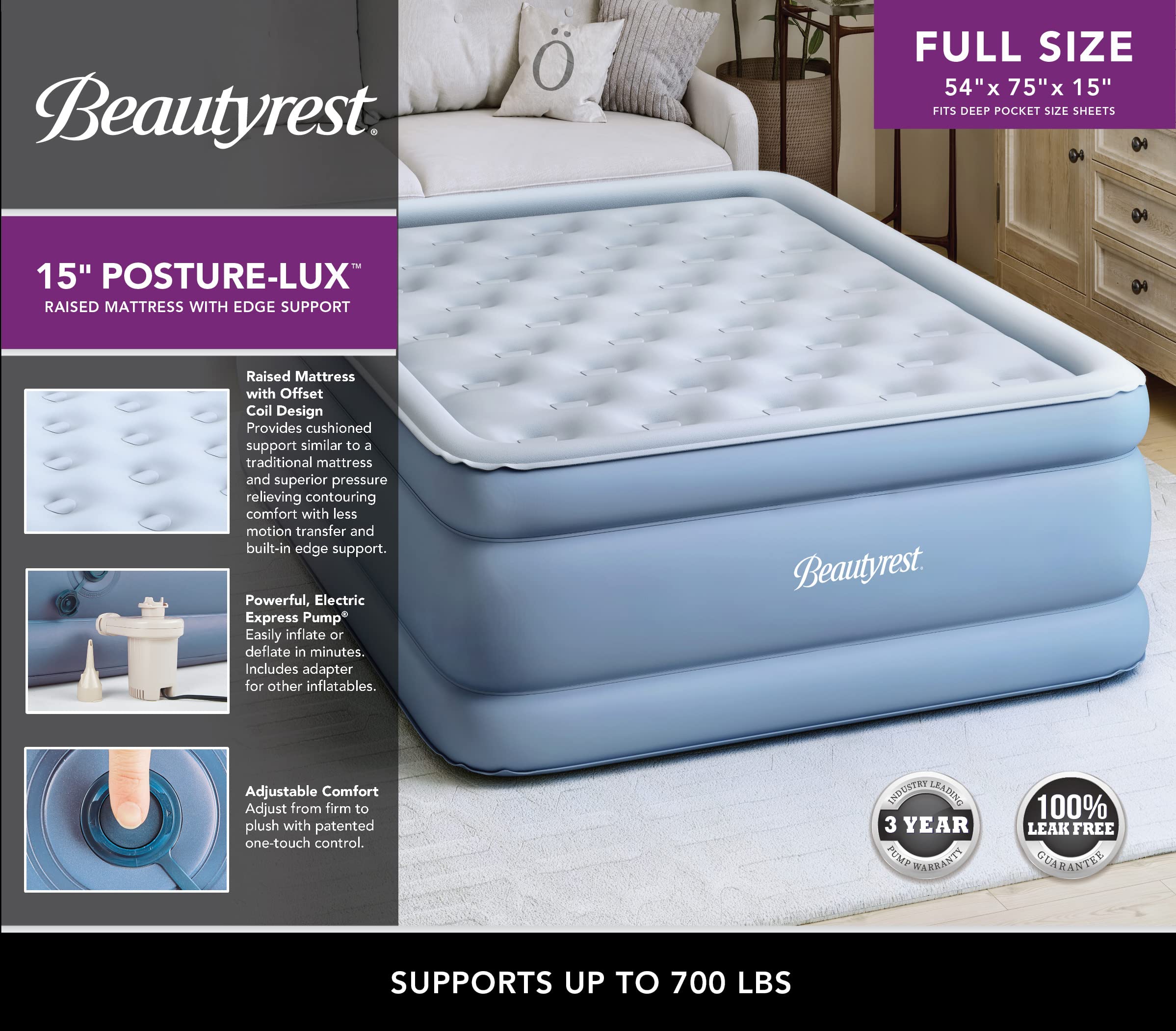 Beautyrest Posture Lux Air Mattress with Built-in Pump & Reinforced Edge Support - 15