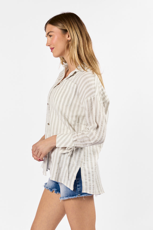 Cruel Summer Tan and Ivory Striped Gauze Button Down Shirt for Women | Lightweight Breathable Summer Blouse | Perfect for Beach Vacations, Music Festivals & Casual Outings