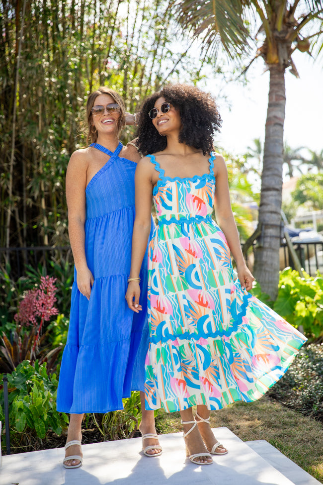 Tropical Tango Floral Print Midi Dress with Rick Rack Trim - Women's Summer Boho Dress for Beach Vacation & Date Night