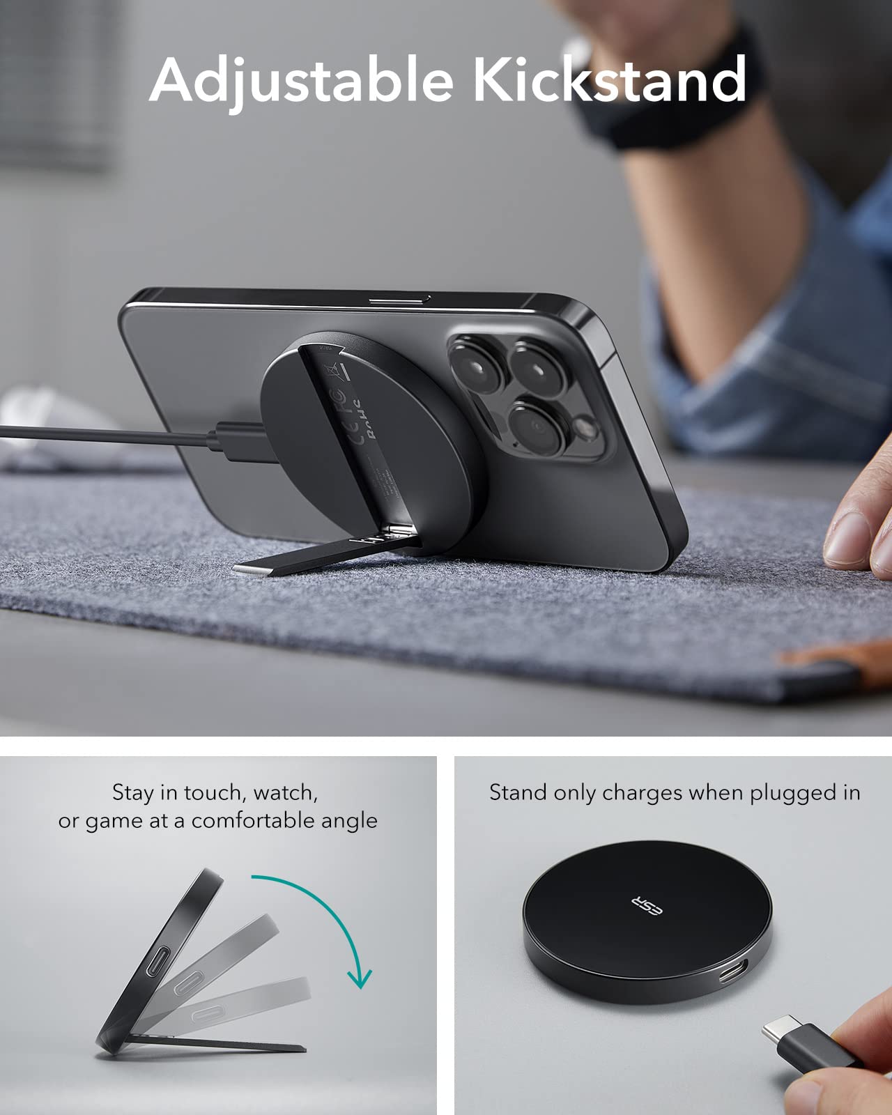 ESR HaloLock Magnetic Wireless Charger Stand - 15W Fast Charging for iPhone 16/15/14/13/12 & AirPods 4 | Adjustable Stand with 5ft Cable | Perfect for Nightstand, Desk, Car & Office | Fast Wireless Charging Solution for Home, Travel, Work & Gaming | Compatible with iPhone Accessories | Ideal for Bedside, Office Desk, Car Dashboard & On-The-Go Charging