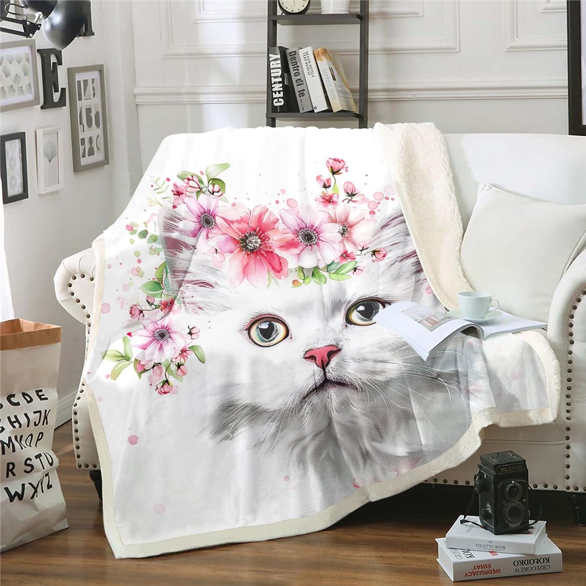 Soft Cat Plush Blanket 30x40 Inch - 3D Floral Sherpa Throw for Sofa, Bed & Nursery Decor
