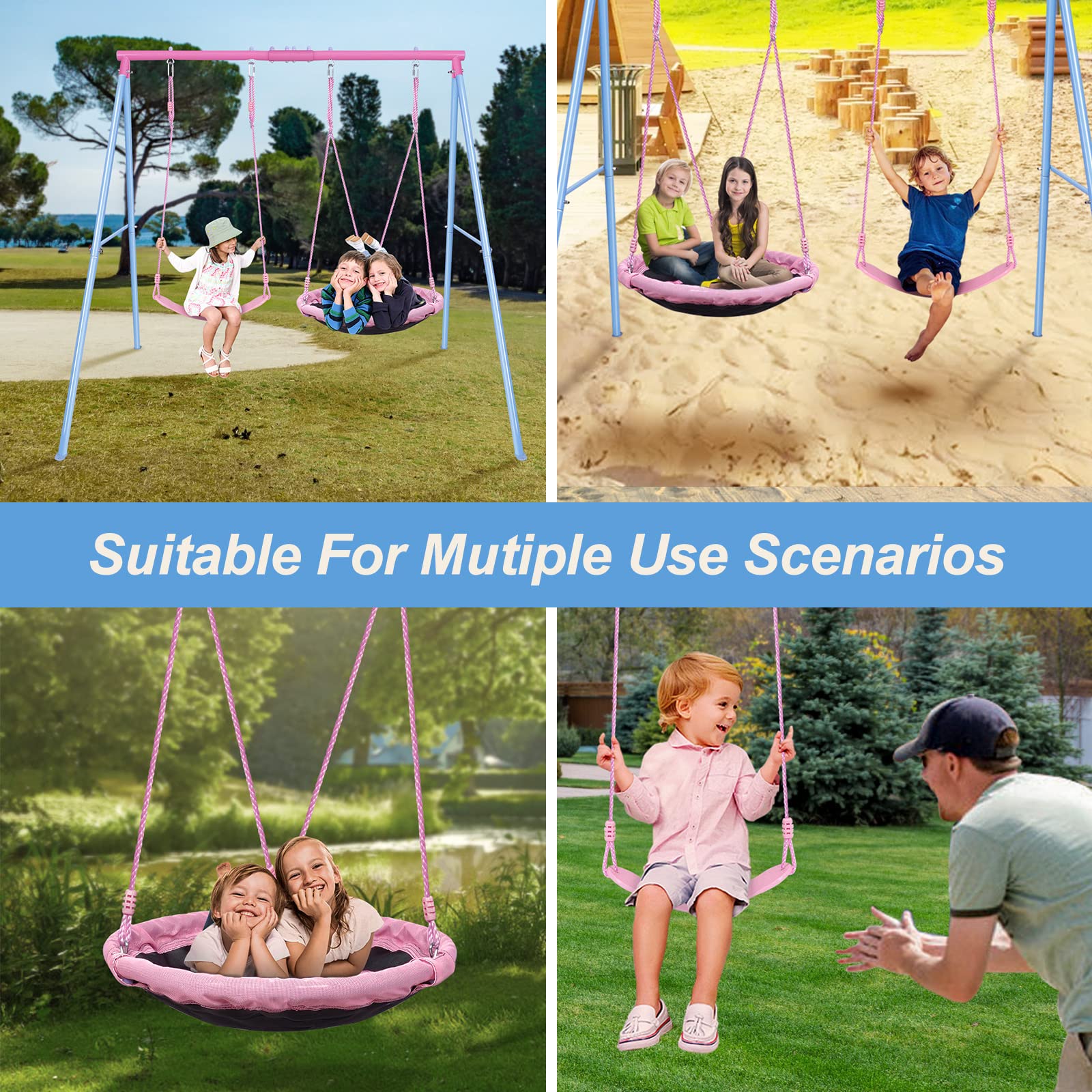 Heavy-Duty A-Frame Metal Swing Set with 440lbs Capacity - Includes 1 Saucer & 1 Belt Swing Seat for Backyard, Playground & Outdoor Fun - Pink Color for Kids' Play Area