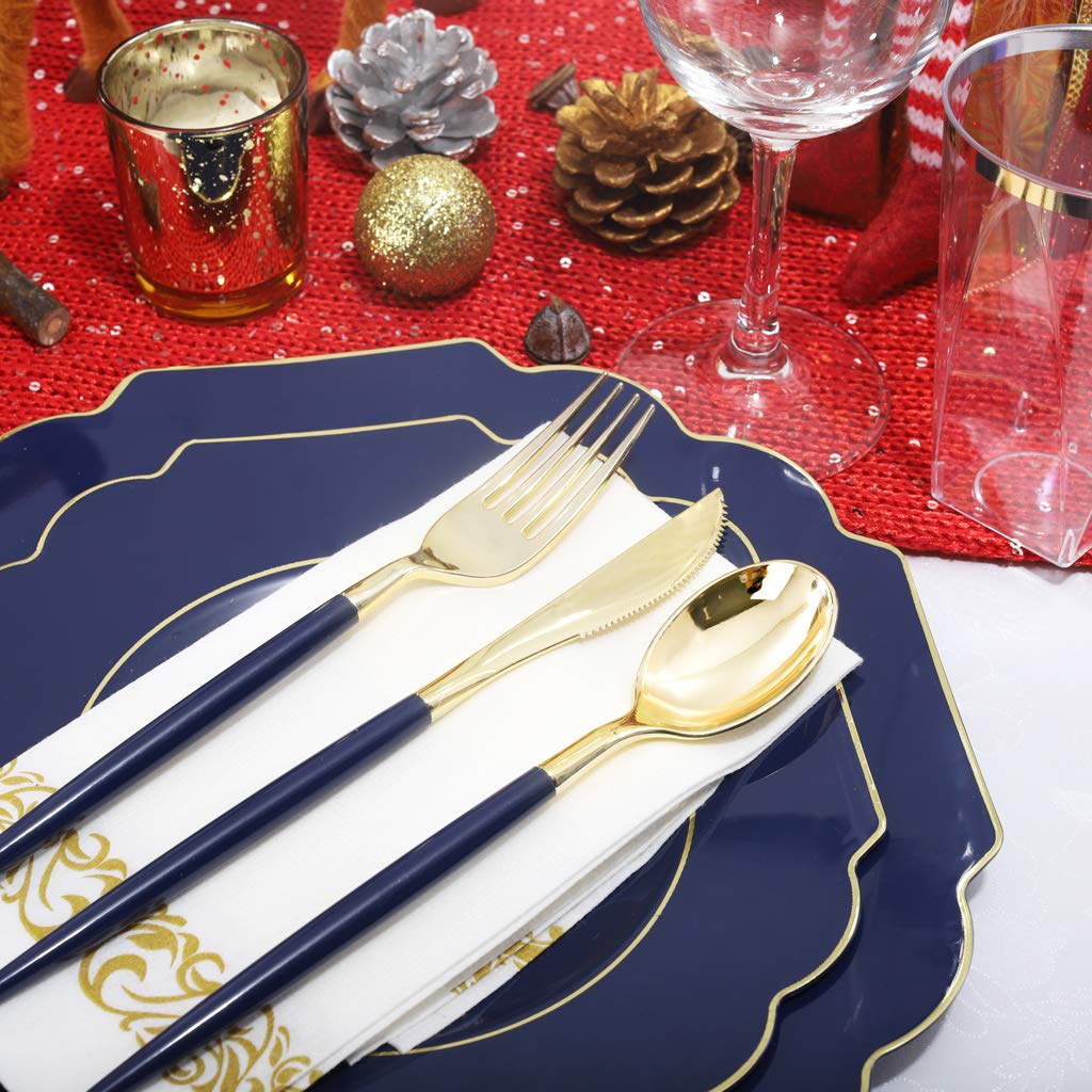140-Piece Blue Plastic Dinnerware Set with Gold Silverware - Includes 40 Plates, 20 Forks, 20 Knives, 20 Spoons, 20 Cups & 20 Napkins - Elegant Blue & Gold Party Tableware for Weddings, Birthdays & Special Events