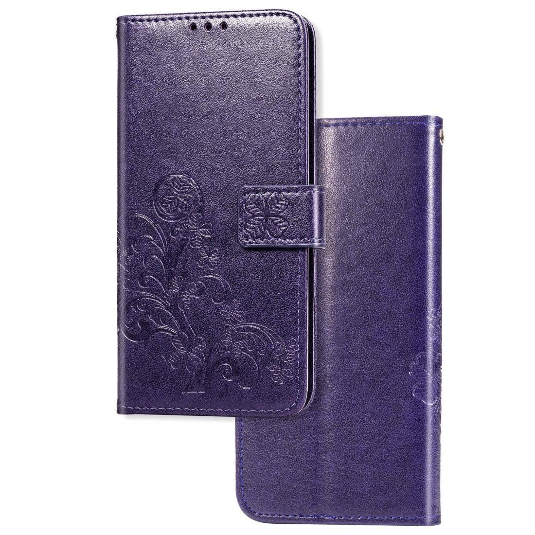 BOYUHII Genuine Leather Phone Case for Xiaomi Redmi Note 8T - Lucky Clover & Pressed Flowers Design with Card Holder, Wallet & Hand Strap (Purple) - Perfect for Daily Use, Travel & Gift Giving
