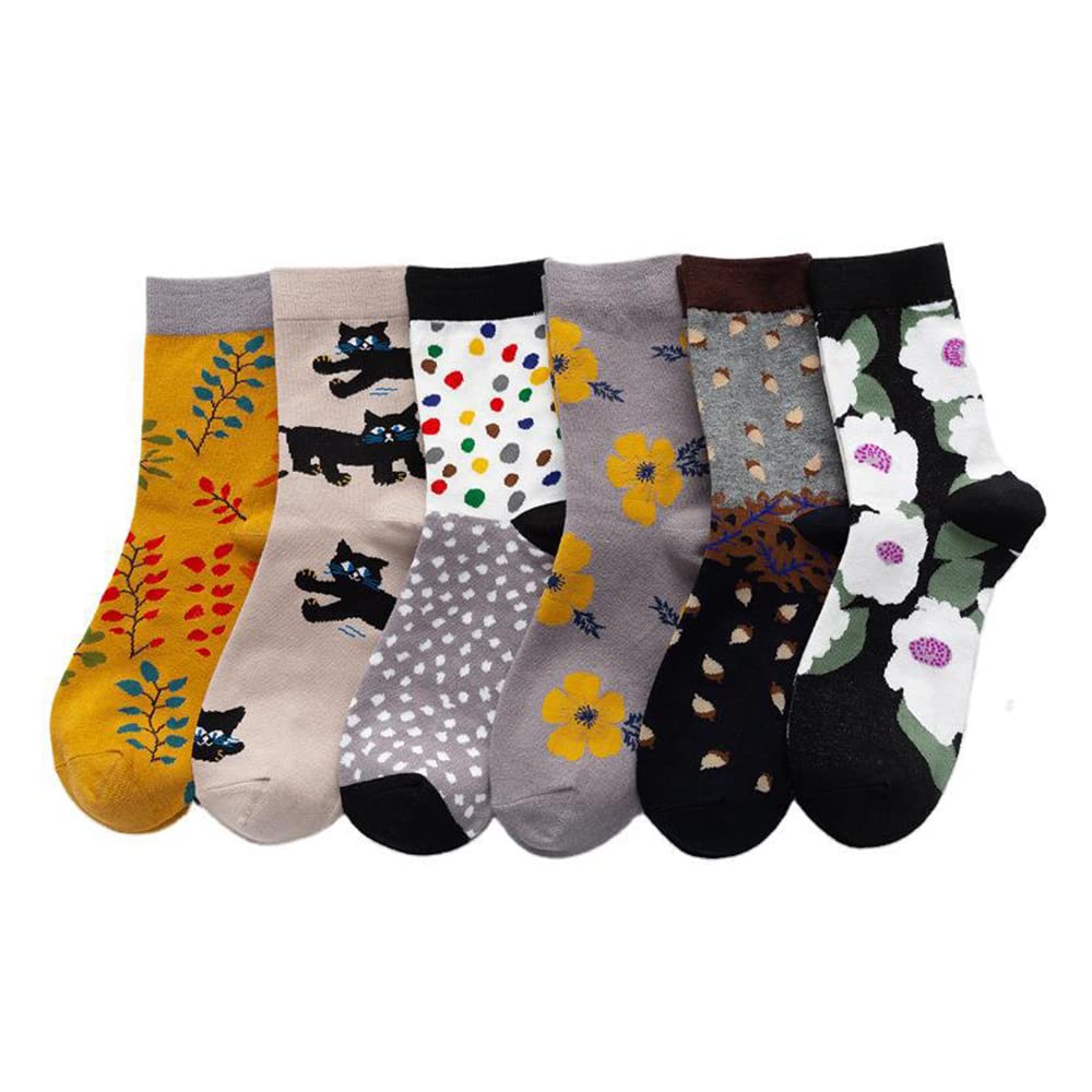 6 Pairs Women's Soft Warm Socks - Floral Print Fashion Crew Socks for Winter, Cozy Cotton Casual Socks for Daily Wear, Work & Home