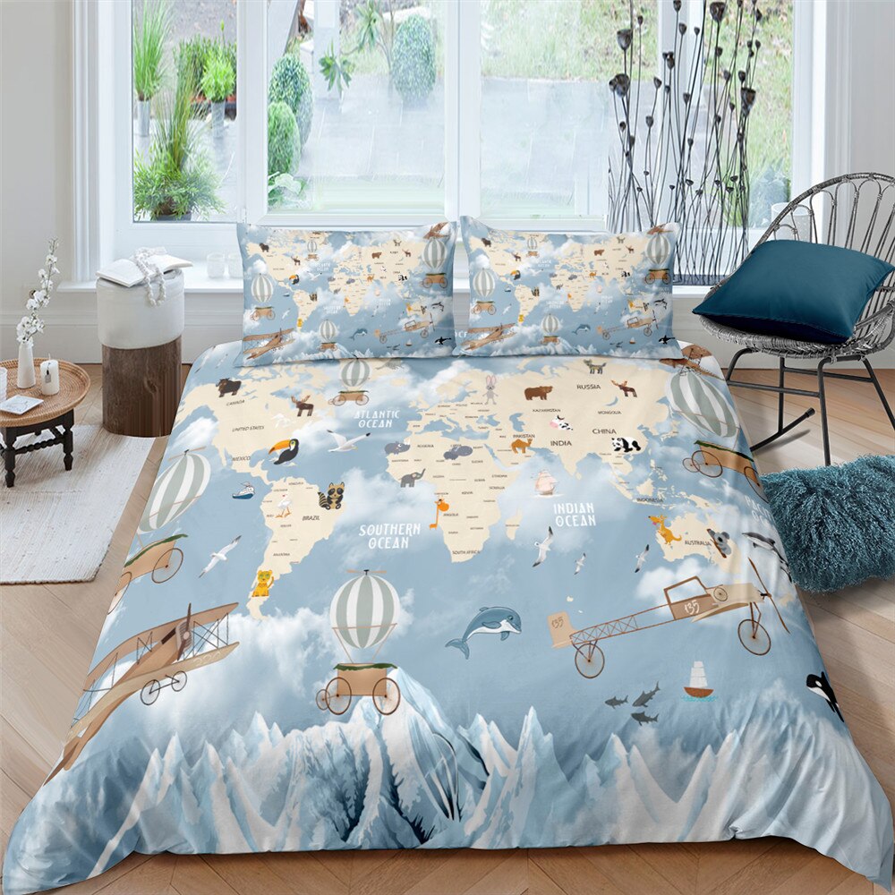 World Map Bedding Set - Full/Queen/King Size Comfortable Duvet Cover & Pillowcase - Travel Themed Bedroom Decor for Kids & Adults - Perfect for Geography Lovers & Adventure Themed Rooms
