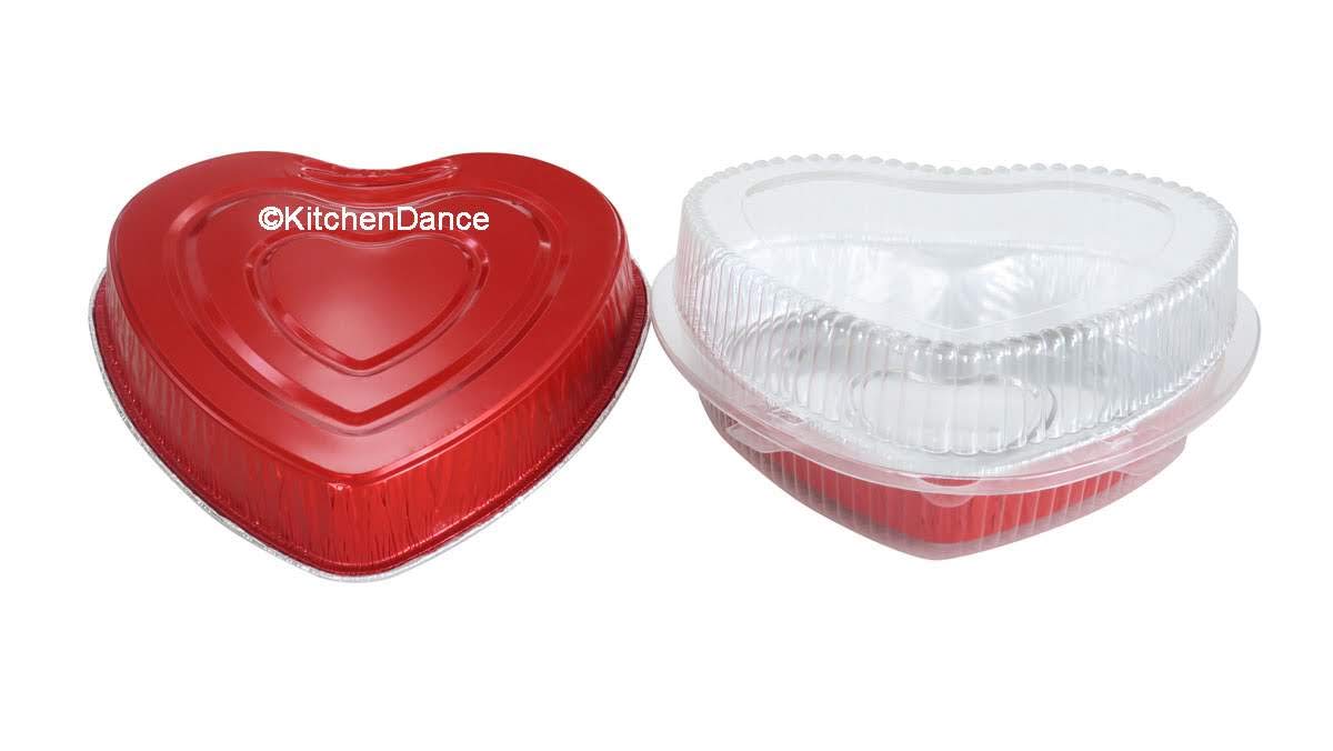 KitchenDance 8 Inch Disposable Heart Shaped Aluminum Cake Pans with Clamshell Lid - Perfect for Baking Cakes, Chocolates & Desserts - Valentine's Day, Birthday Party & Wedding Treats - Ideal for Storage & Transport (Pack of 12)