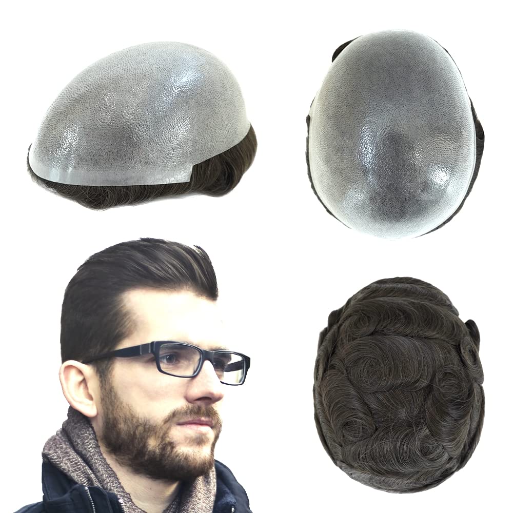 Men's Toupee Human Hair Replacement System - 0.08mm Thin Skin Base with #4ASH Brown Hair - Natural Looking Hairpiece for Men - Perfect for Daily Wear, Special Occasions & Hair Loss Solutions