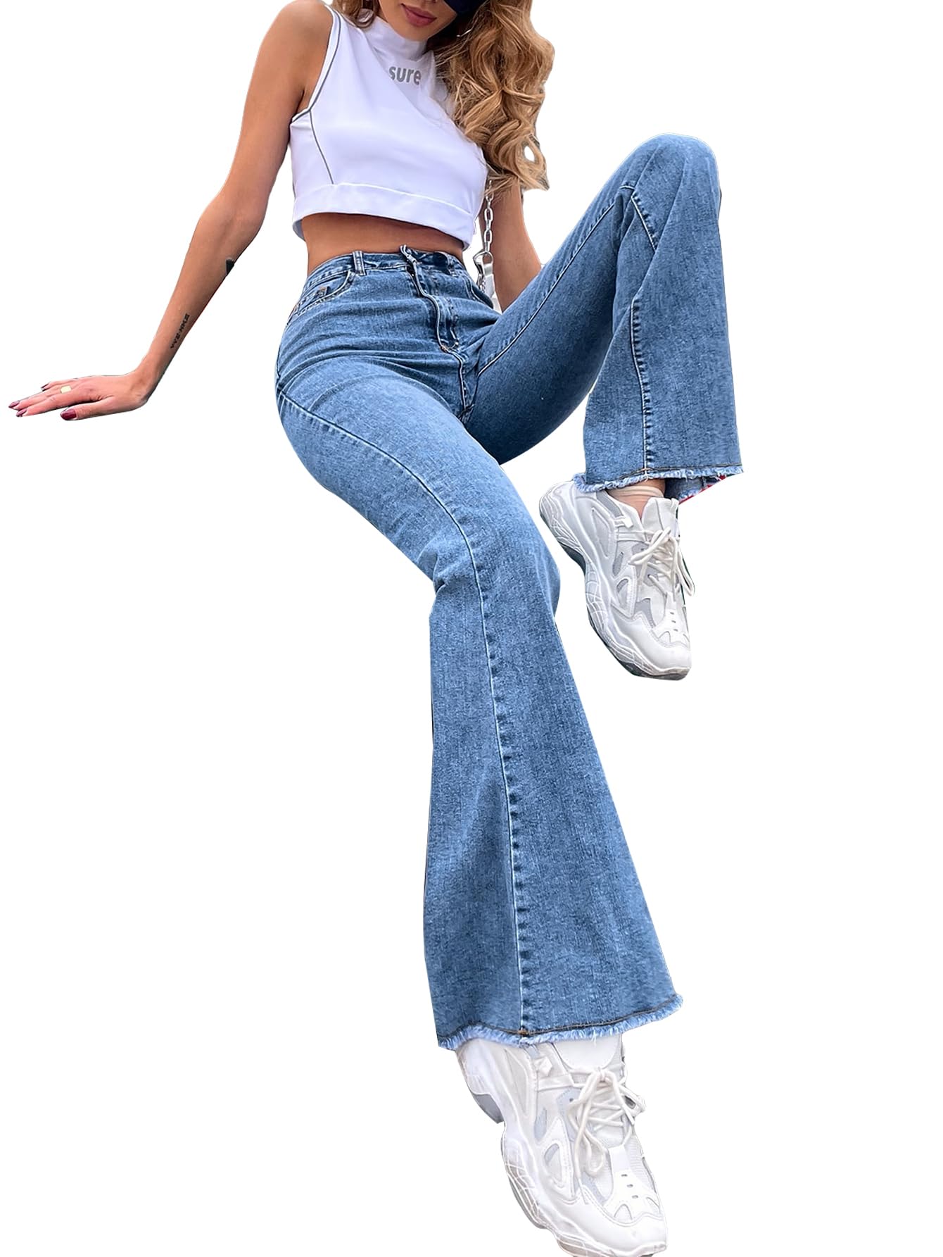 Floerns Women's High Waist Raw Hem Flare Jeans with Slant Pockets - Casual Denim Pants for Everyday Wear, Street Style & Vintage Outfits