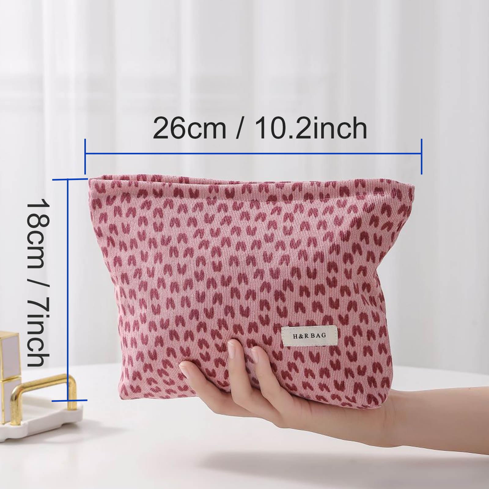 HEY M&Q Women's Pink Heart Corduroy Makeup Bag - Small Travel Toiletry Pouch, Portable Cosmetic Organizer with Zipper for Daily Use, Gifts, and Travel Essentials