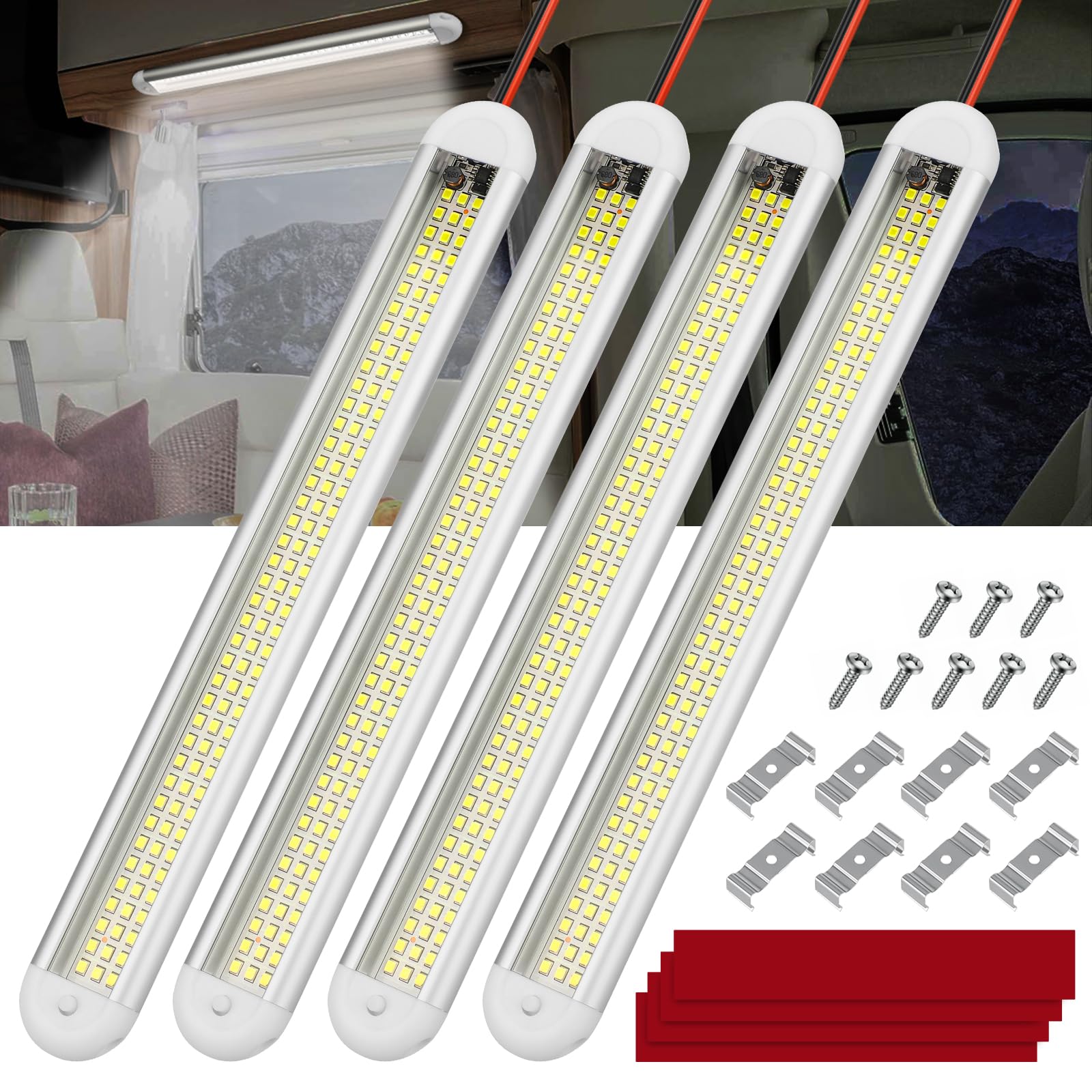Linkstyle 4PCS 12V Interior LED Light Bars - 120 LEDs Strip Lights with ON/Off Switch for Cars, Trailers, Campers, Vans, RVs & Boats - Perfect for Interior Lighting, Cargo Areas & Nighttime Visibility