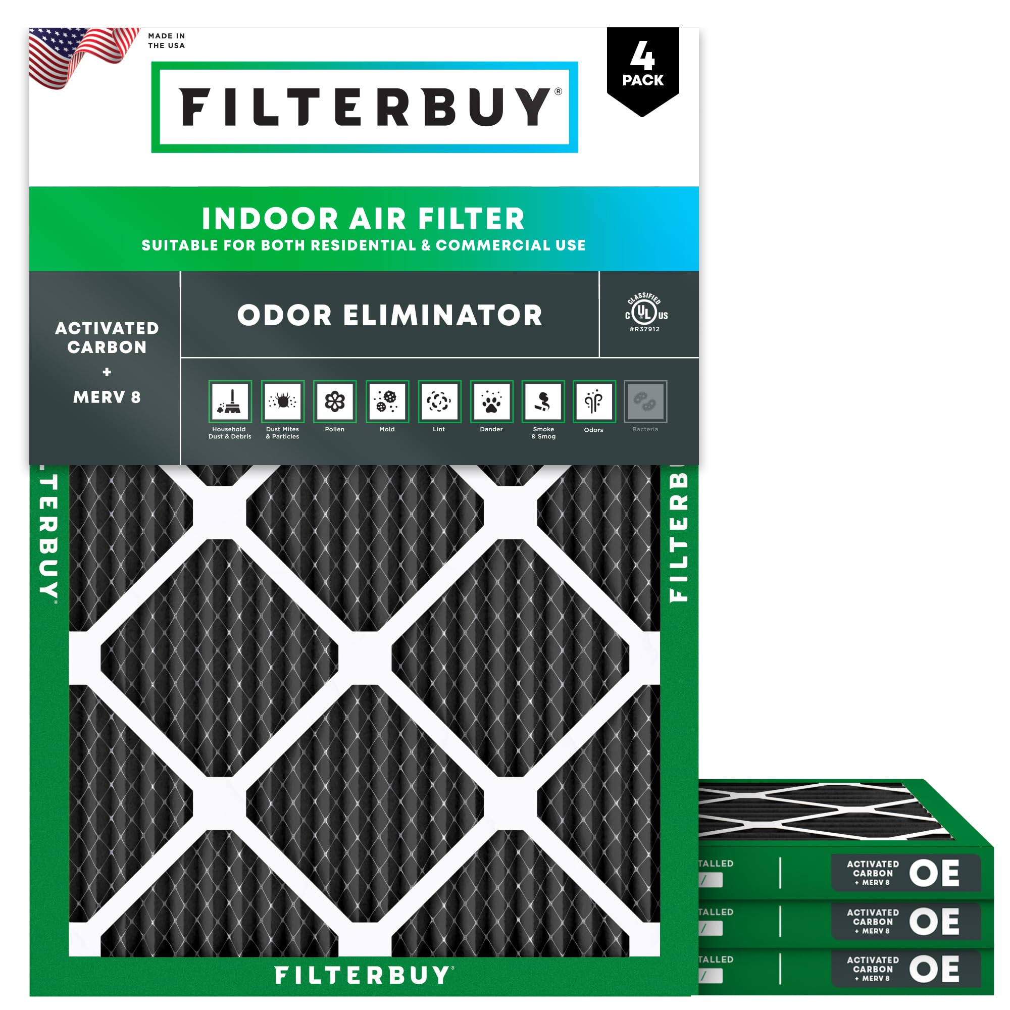 Filterbuy 24x25x1 MERV 8 Pleated Air Filter with Activated Carbon - 4 Pack HVAC Furnace AC Replacement (Actual Size 23.88x24.88x0.75 Inches) - Odor Eliminator for Home, Office & Allergies Relief