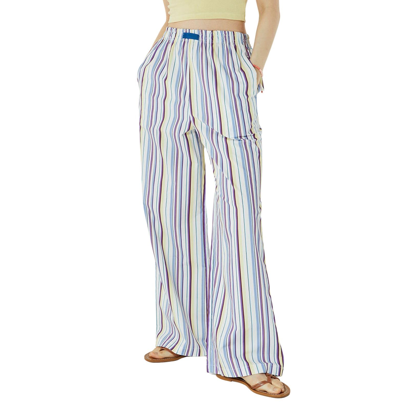 Women's High Waisted Wide Leg Striped Palazzo Pants - Stretchy Elastic Waistband with Pockets - Casual & Office Wear for Comfortable Outfits