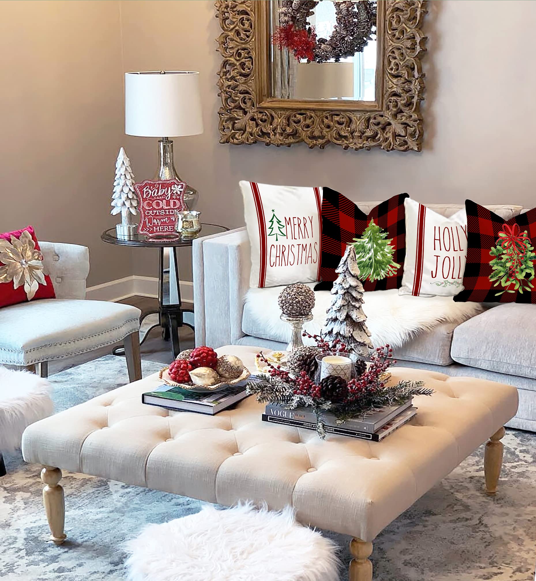 Buffalo Plaid Christmas Pillow Covers Set of 4 - 18x18 Inch Farmhouse Holiday Decor with Mistletoe & Holly Design - Rustic Winter Throw Pillow Cases for Couch, Sofa & Bedroom Decor (Red)