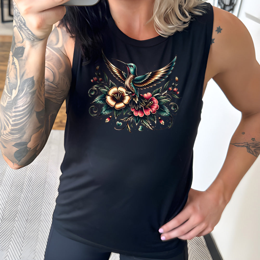 Hummingbird Muscle Tank Top for Women - Soft Breathable Workout Shirt - Gym, Yoga & Running Activewear