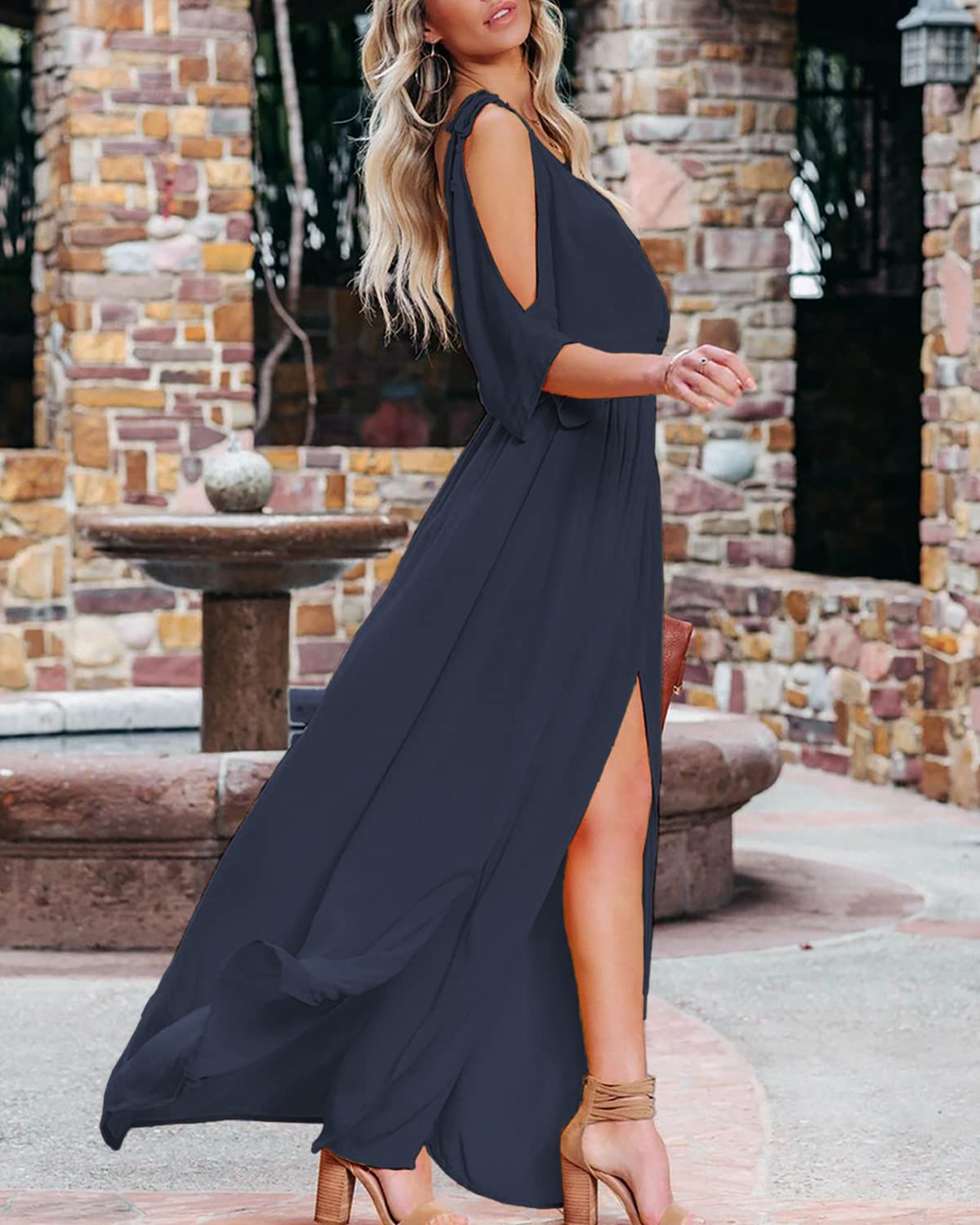 DEEP SELF Women's Summer V-Neck Cold Shoulder Short Sleeve Maxi Dress - High Waist Split Long Dress for Wedding Guest, Beach Party & Casual Outings