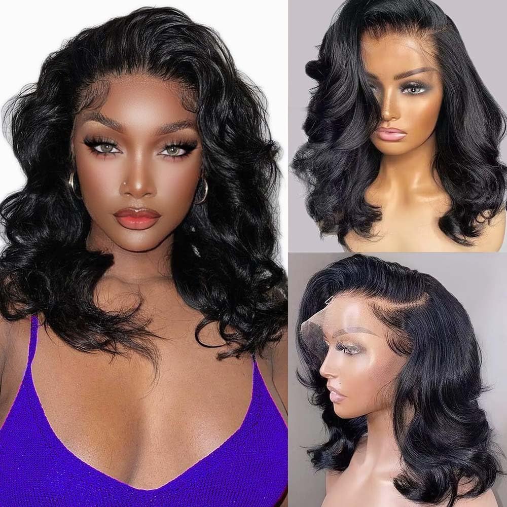 13x4 HD Lace Front Bob Wig - 180% Density Human Hair Body Wave Glueless Wig | Pre-Plucked Short Bob Wigs for Black Women | Natural Black Color 14 Inch | Perfect for Daily Wear, Parties & Special Occasions